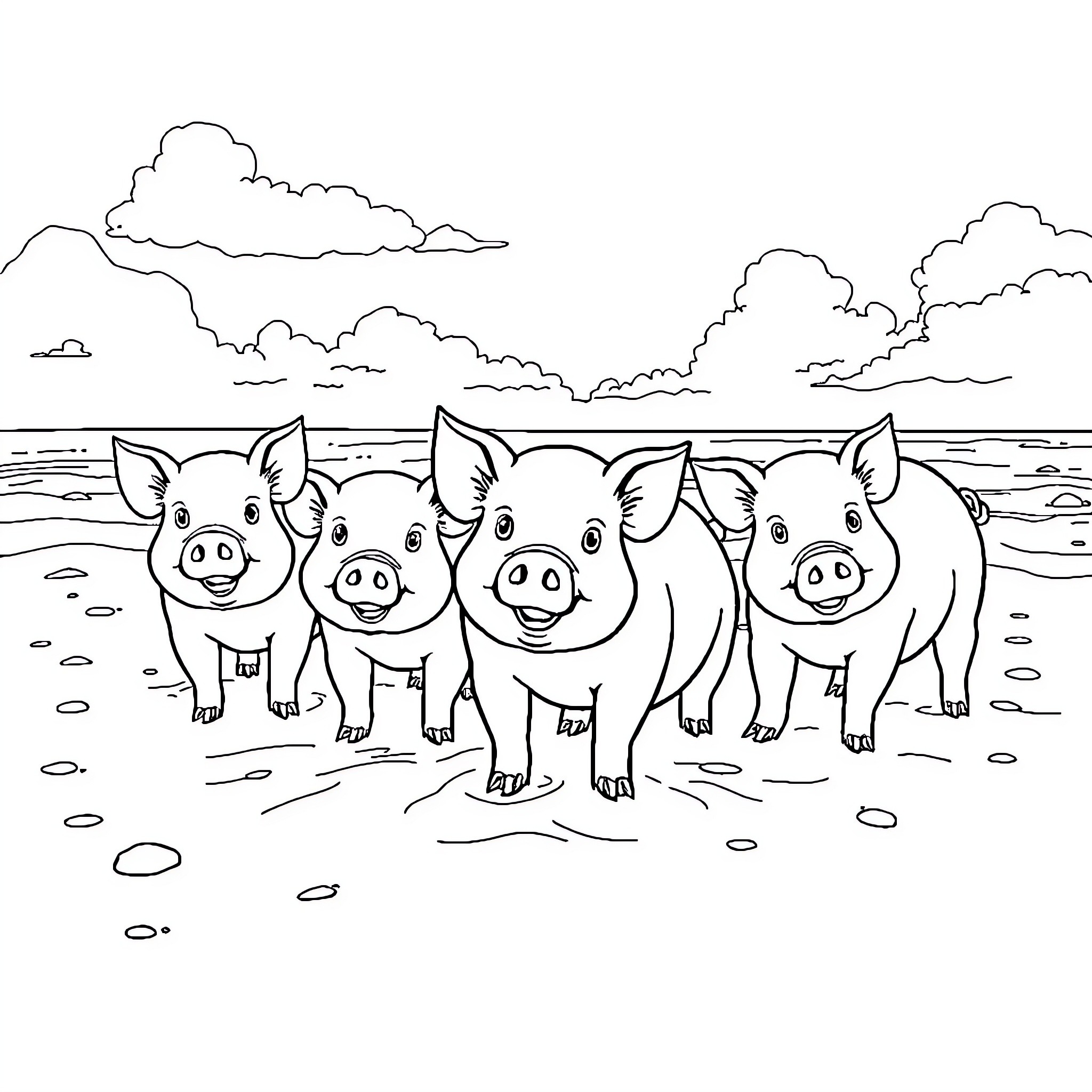 Pigs exploring the countryside landscape Coloring Page (free black-and-white line drawing printable PDF for all, from beginners to advanced learners, including children, teens, adults, and seniors)
