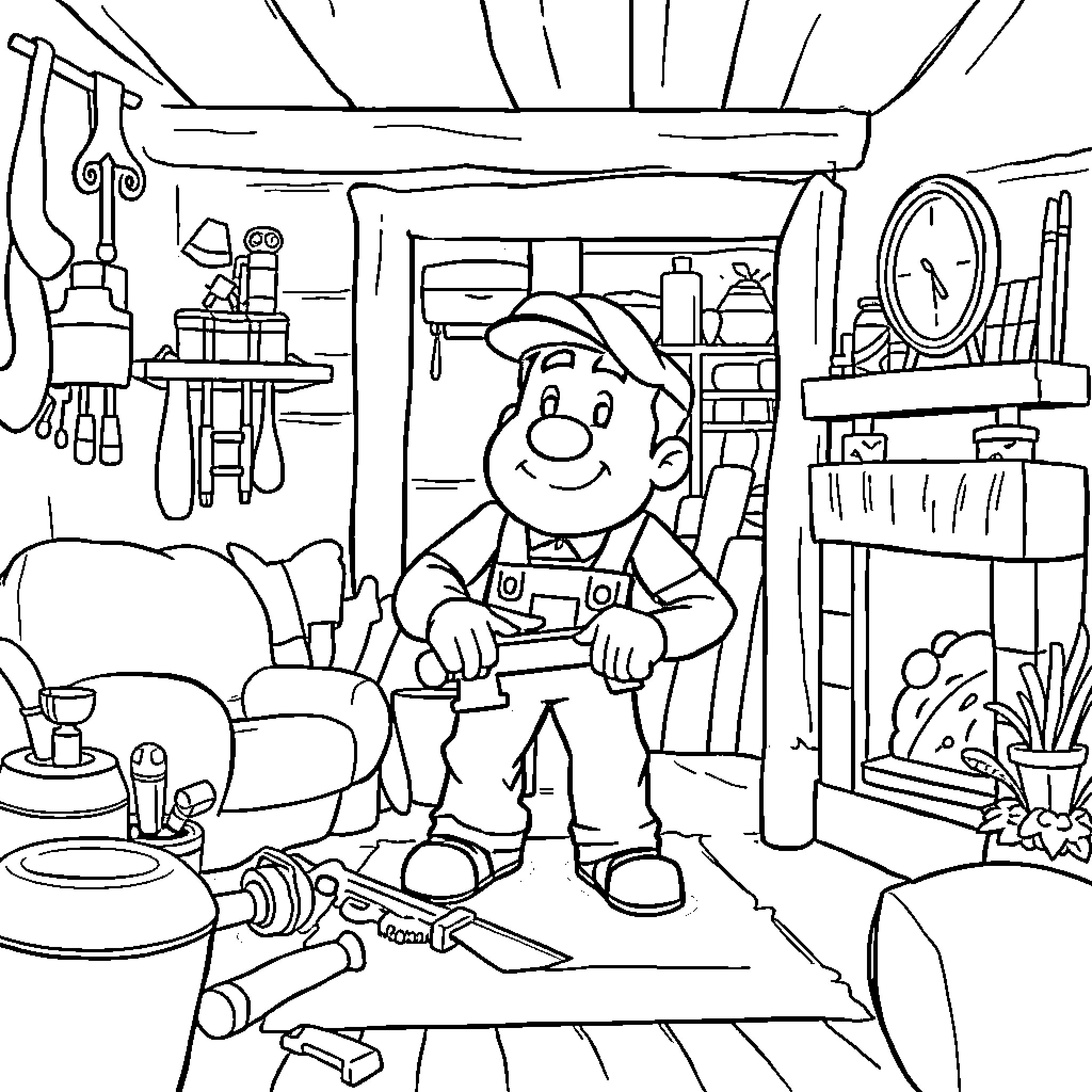 Handyman working in his cluttered workshop Coloring Page (free black-and-white line drawing printable PDF for all, from beginners to advanced learners, including children, teens, adults, and seniors)