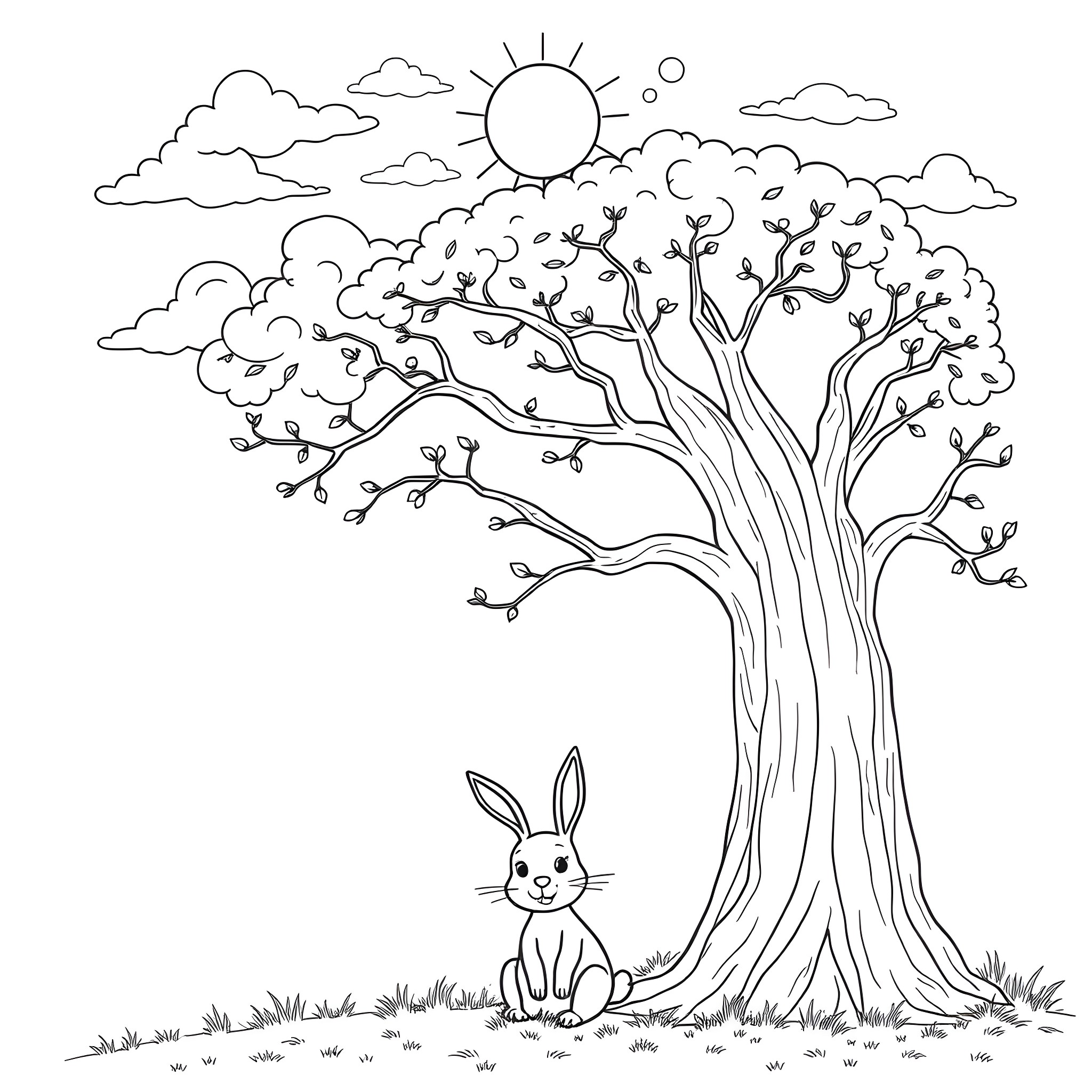Rabbit sitting under a tree on a sunny day Coloring Page (free black-and-white line drawing printable PDF for all, from beginners to advanced learners, including children, teens, adults, and seniors)