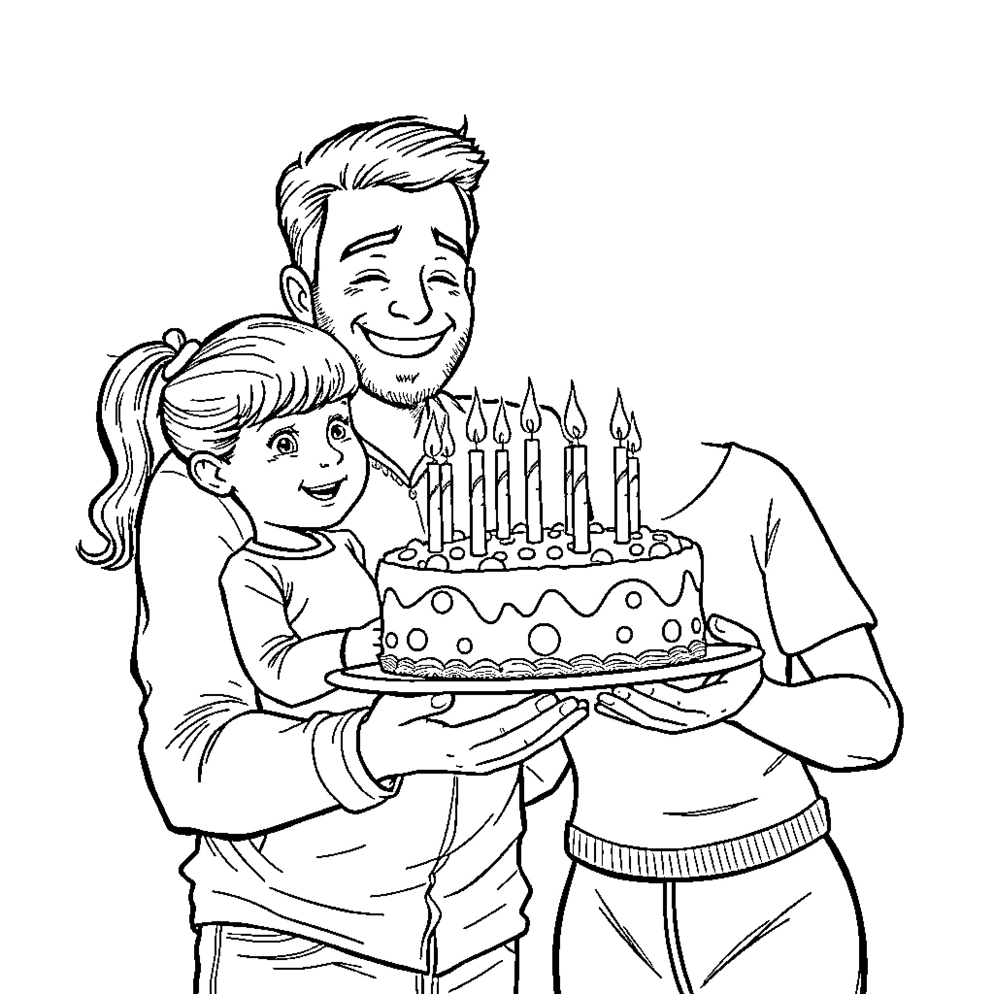 Birthday Celebration with Father and Daughter Coloring Page (free black-and-white line drawing printable PDF for all, from beginners to advanced learners, including children, teens, adults, and seniors)