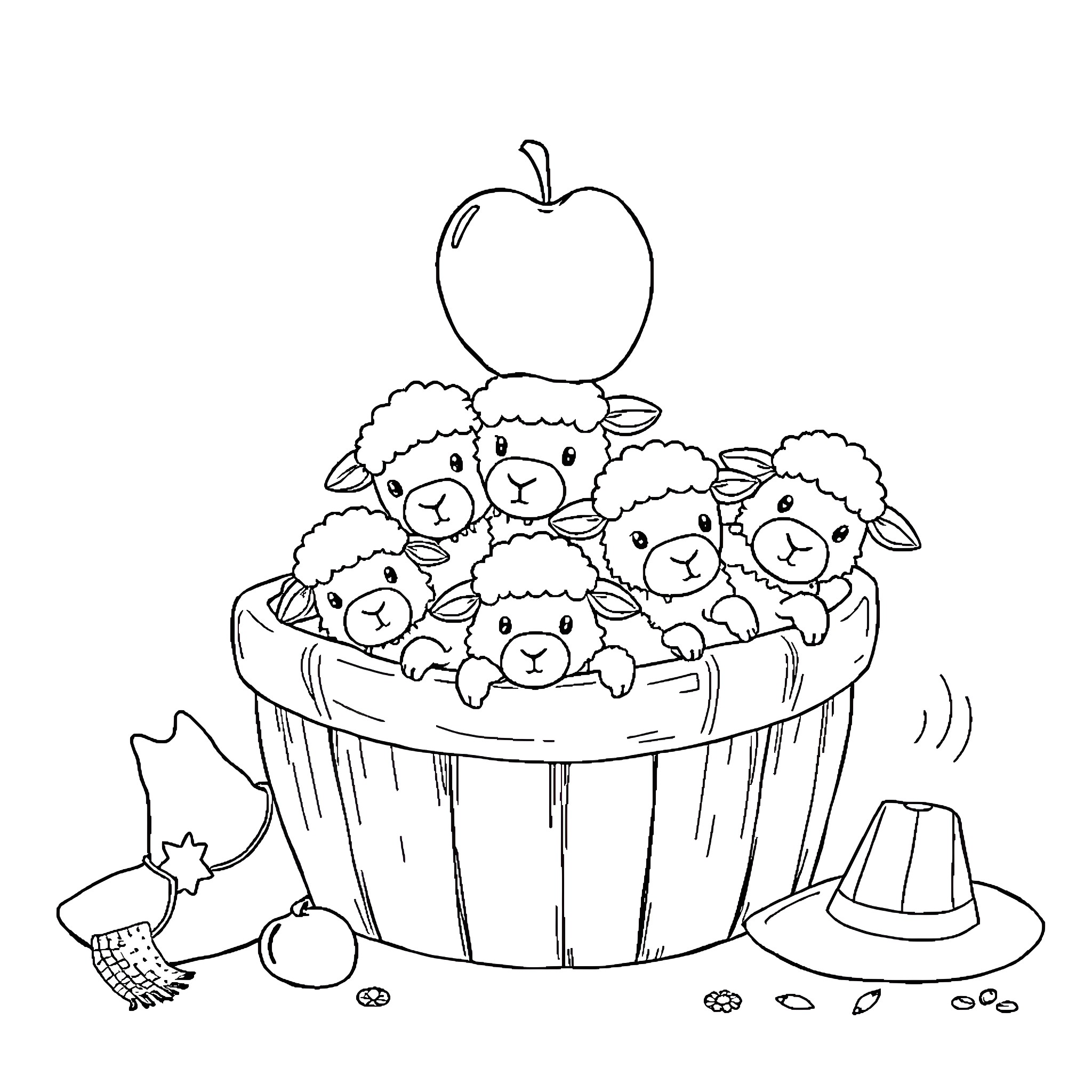 Sheep nestled in a wooden bucket with a red apple Coloring Page (free black-and-white line drawing printable PDF for all, from beginners to advanced learners, including children, teens, adults, and seniors)