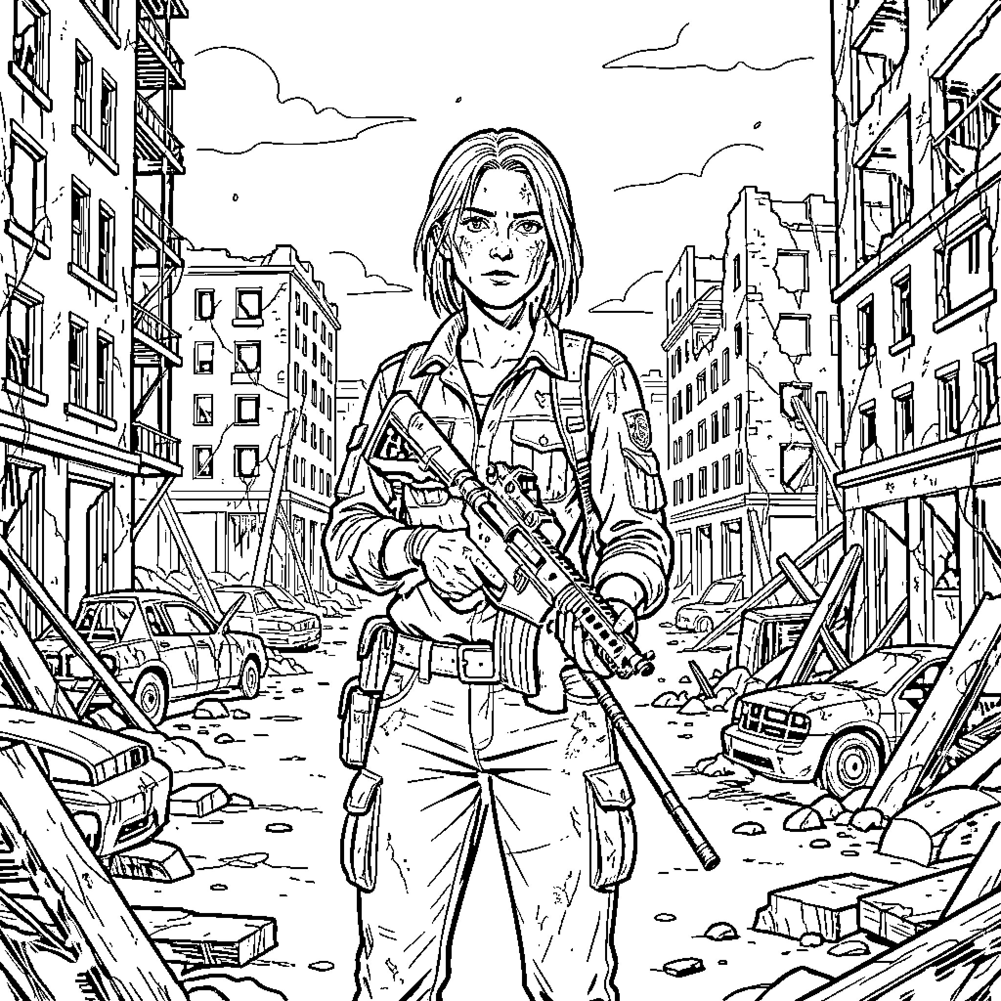 Ellie standing alert with a rifle in a ruined city Coloring Page (free black-and-white line drawing printable PDF for all, from beginners to advanced learners, including children, teens, adults, and seniors)