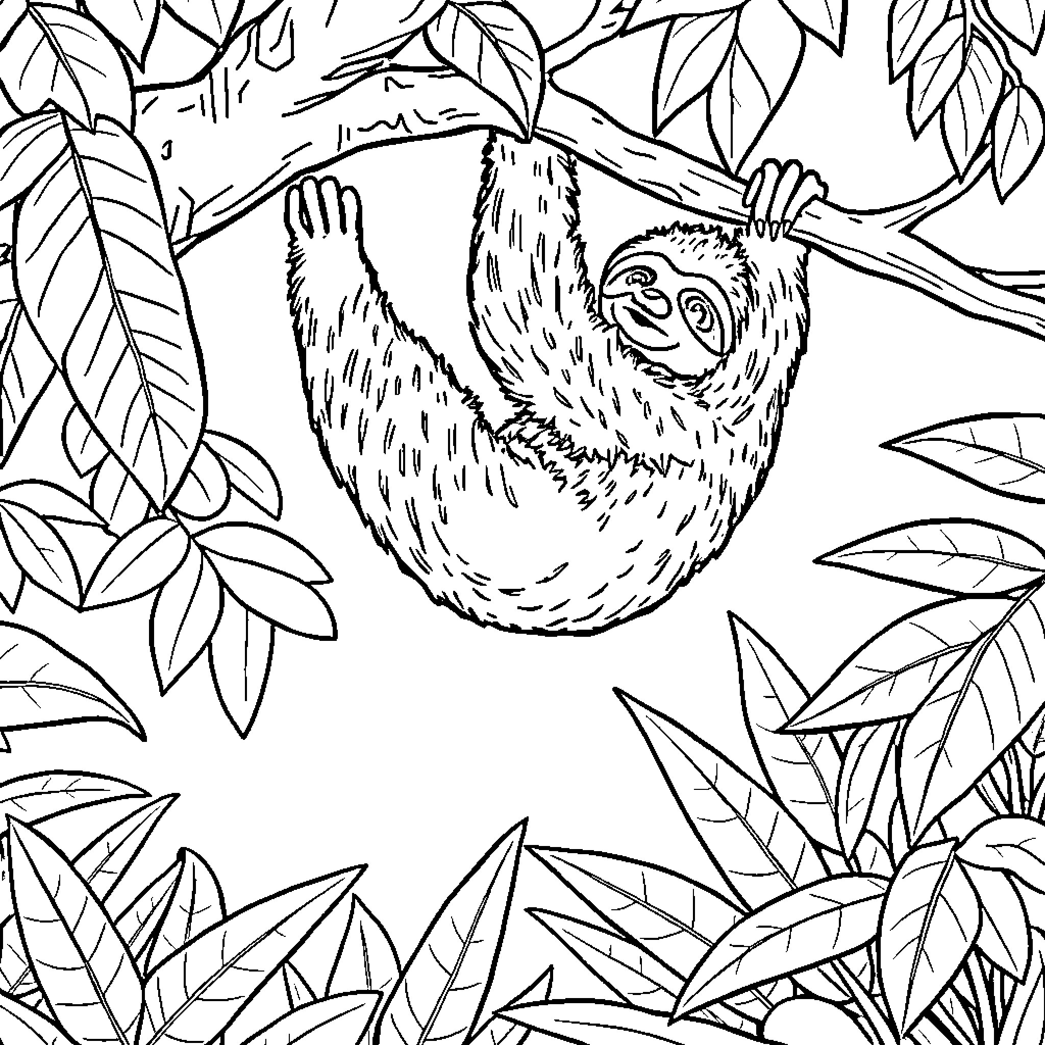 Sloth relaxing on a branch in the jungle Coloring Page (free black-and-white line drawing printable PDF for all, from beginners to advanced learners, including children, teens, adults, and seniors)