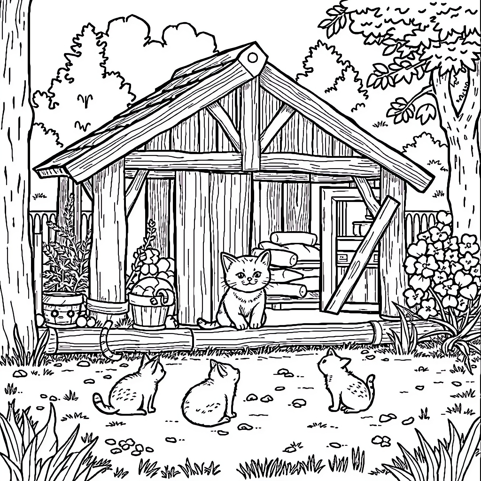 Kitten Explores Charming Cottage in Woodland Scene Coloring Page (free black-and-white line drawing printable PDF for all, from beginners to advanced learners, including children, teens, adults, and seniors)