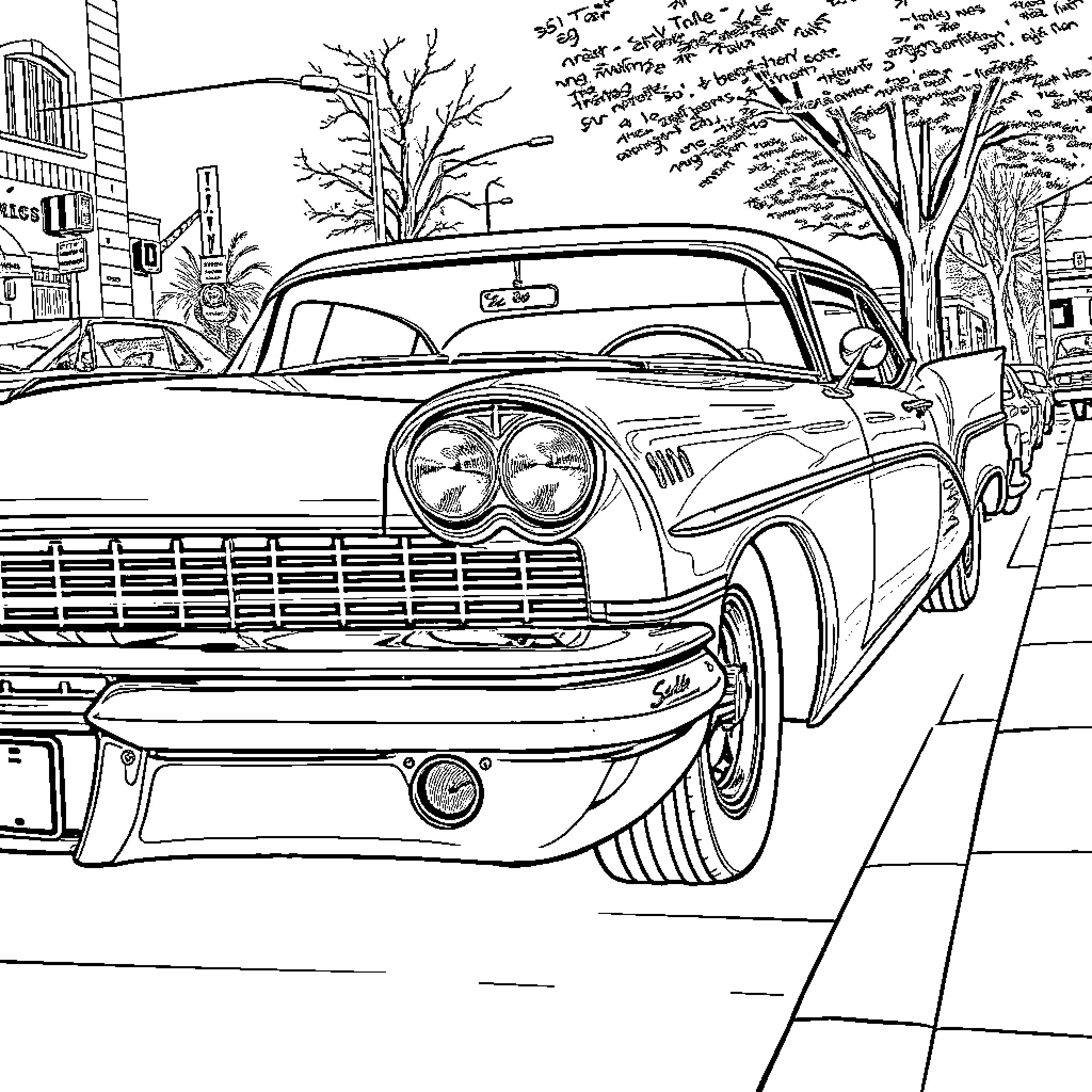 Cutlass Classic Car on the Street Coloring Page (free black-and-white line drawing printable PDF for all, from beginners to advanced learners, including children, teens, adults, and seniors)