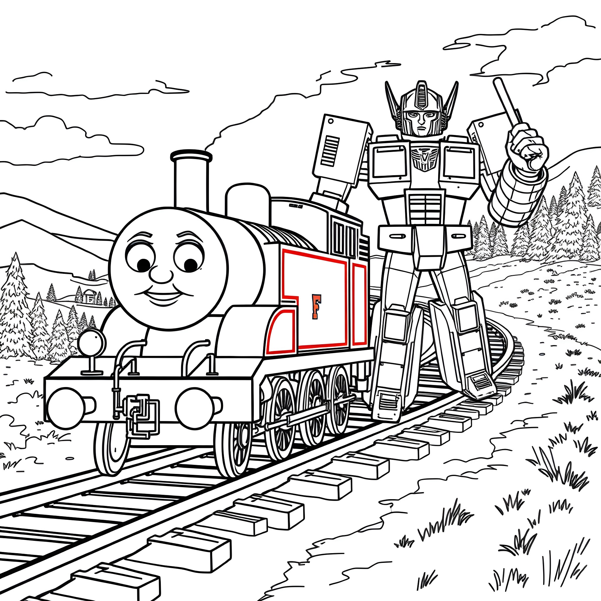 Thomas the Train Transforming on the Tracks Coloring Page (free black-and-white line drawing printable PDF for all, from beginners to advanced learners, including children, teens, adults, and seniors)