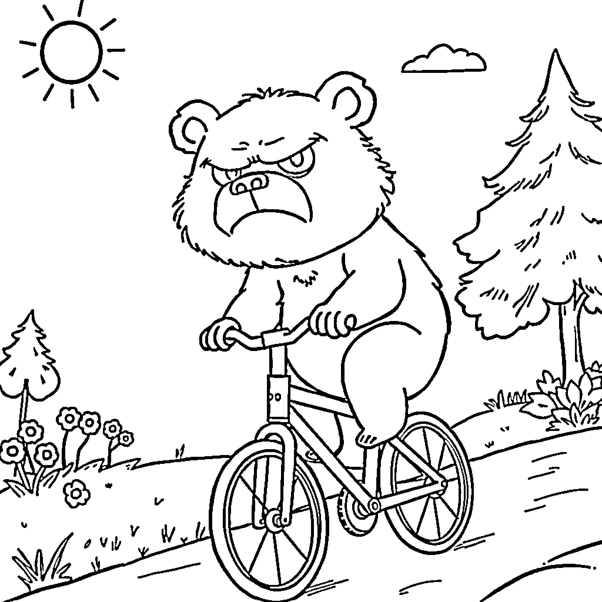 Bear riding a bicycle in the outdoors Coloring Page (free black-and-white line drawing printable PDF for all, from beginners to advanced learners, including children, teens, adults, and seniors)