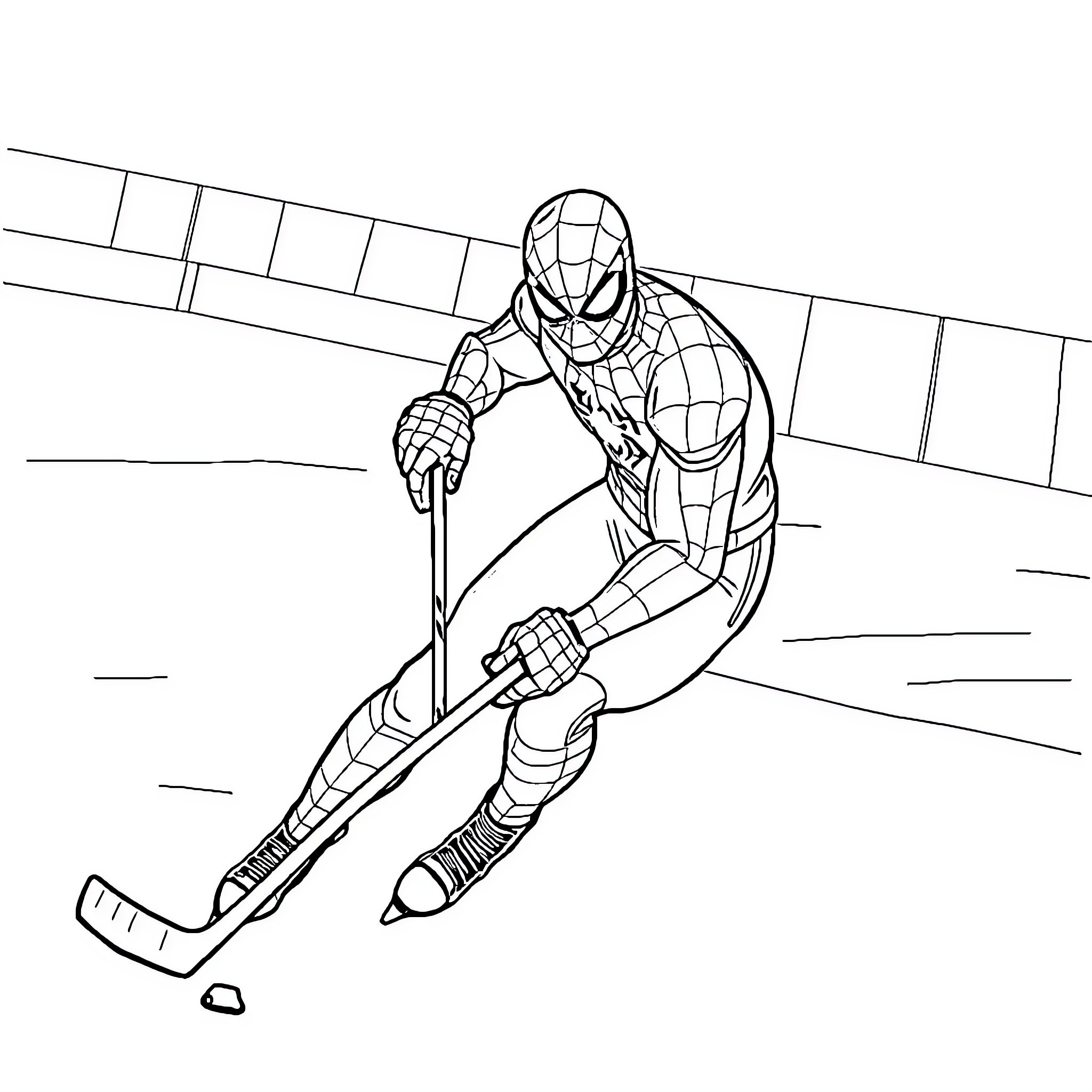 Spider-Man sliding on ice in action pose Coloring Page (free black-and-white line drawing printable PDF for all, from beginners to advanced learners, including children, teens, adults, and seniors)