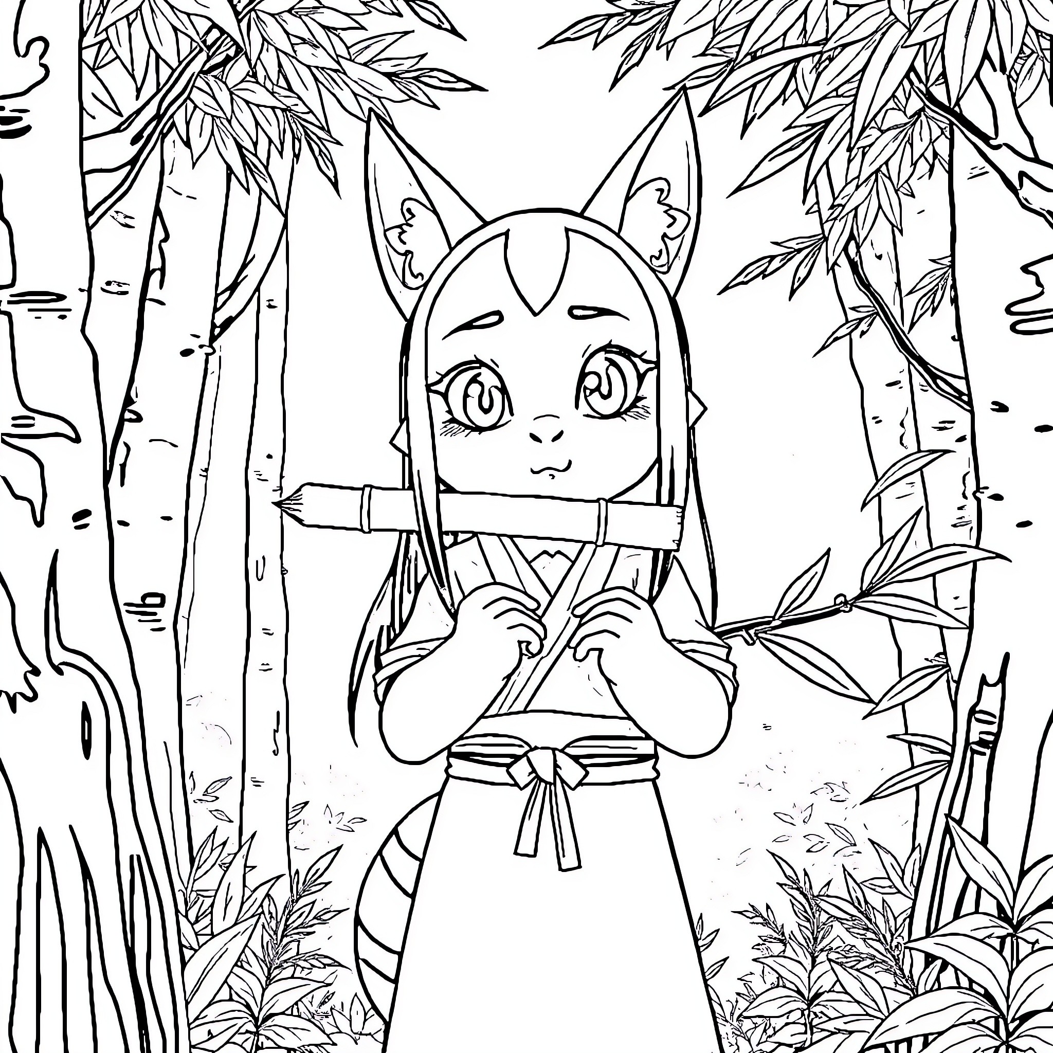 Nezuko in a serene forest setting Coloring Page (free black-and-white line drawing printable PDF for all, from beginners to advanced learners, including children, teens, adults, and seniors)