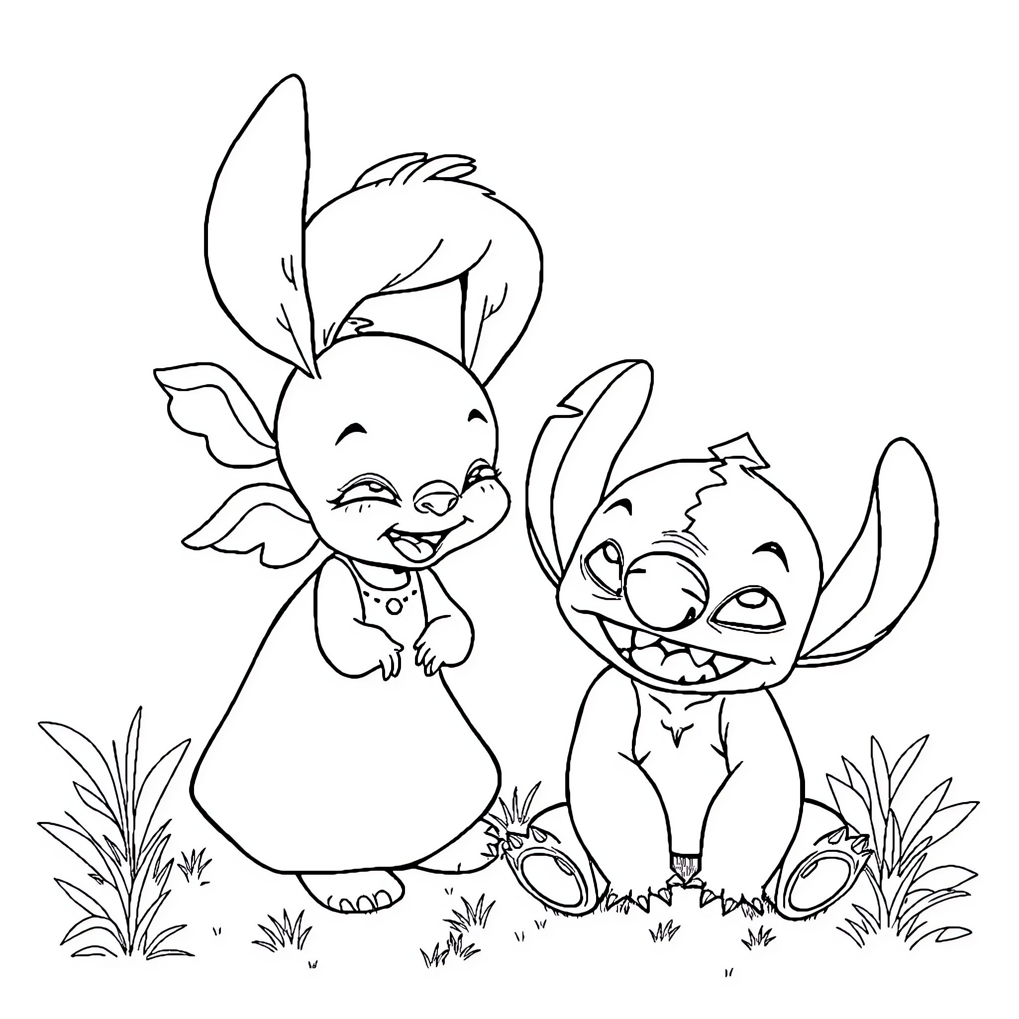 Angel Lilo and Stitch playing joyfully in nature Coloring Page (free black-and-white line drawing printable PDF for all, from beginners to advanced learners, including children, teens, adults, and seniors)