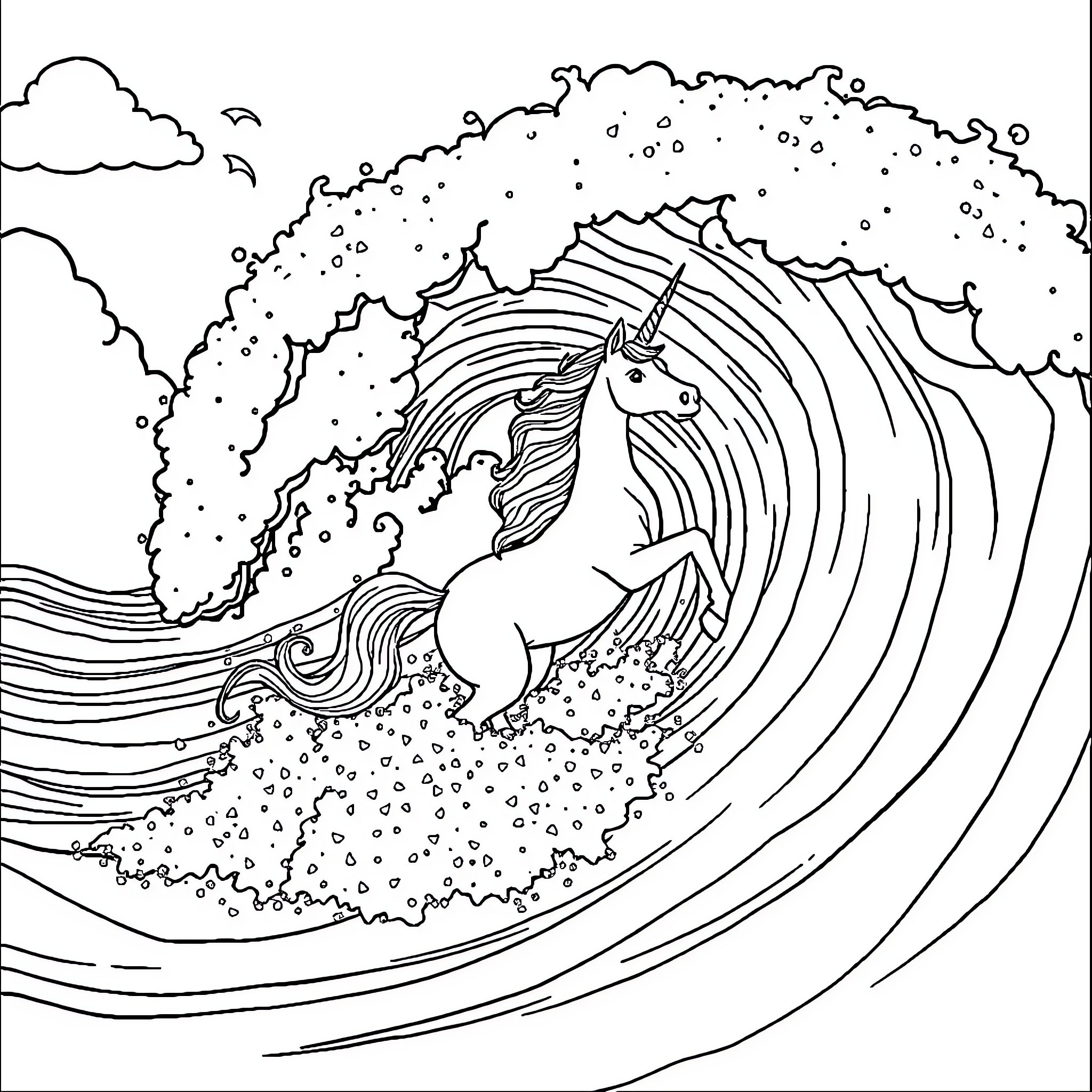 Unicorn Riding Magical Waves Coloring Page (free black-and-white line drawing printable PDF for all, from beginners to advanced learners, including children, teens, adults, and seniors)