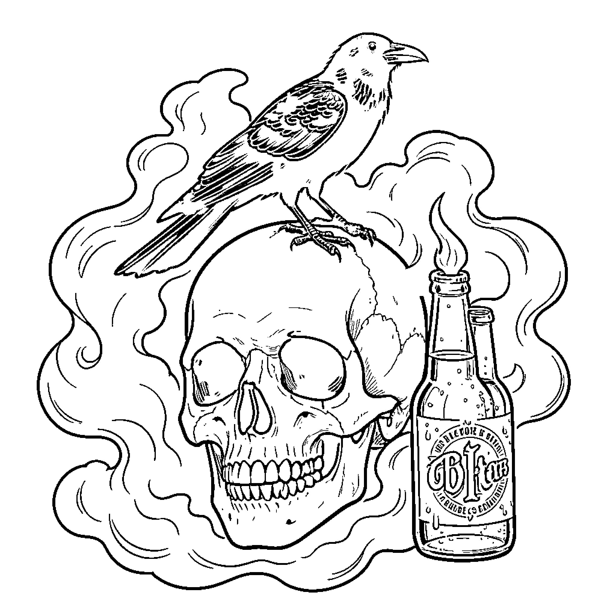 Skull engulfed in smoke with a raven and a beer bottle Coloring Page (free black-and-white line drawing printable PDF for all, from beginners to advanced learners, including children, teens, adults, and seniors)