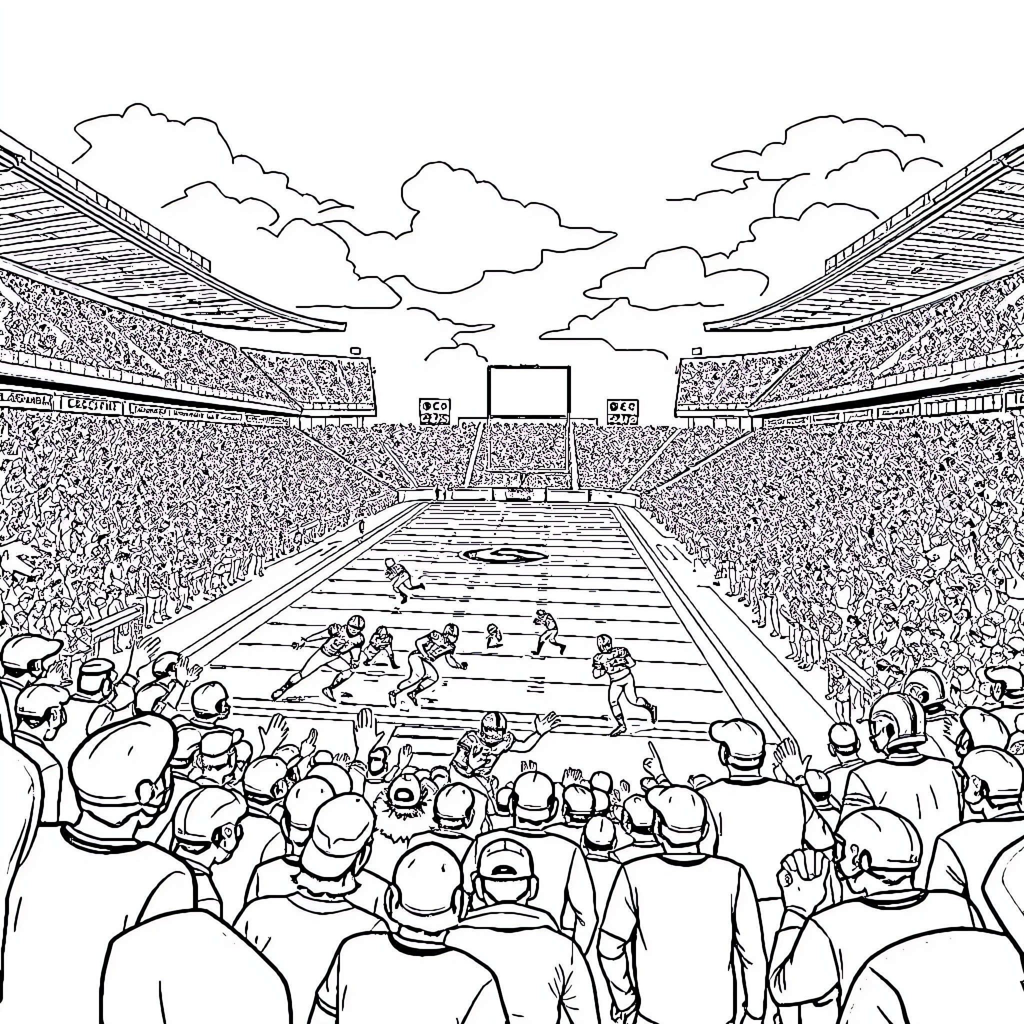 Ohio State Football Game in Stadium with Players and Spectators Coloring Page (free black-and-white line drawing printable PDF for all, from beginners to advanced learners, including children, teens, adults, and seniors)