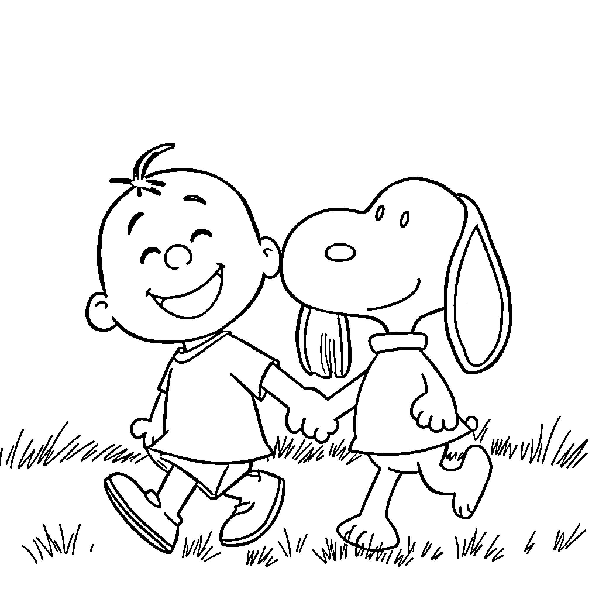 Shinchan and his pet dog walking happily Coloring Page (free black-and-white line drawing printable PDF for all, from beginners to advanced learners, including children, teens, adults, and seniors)