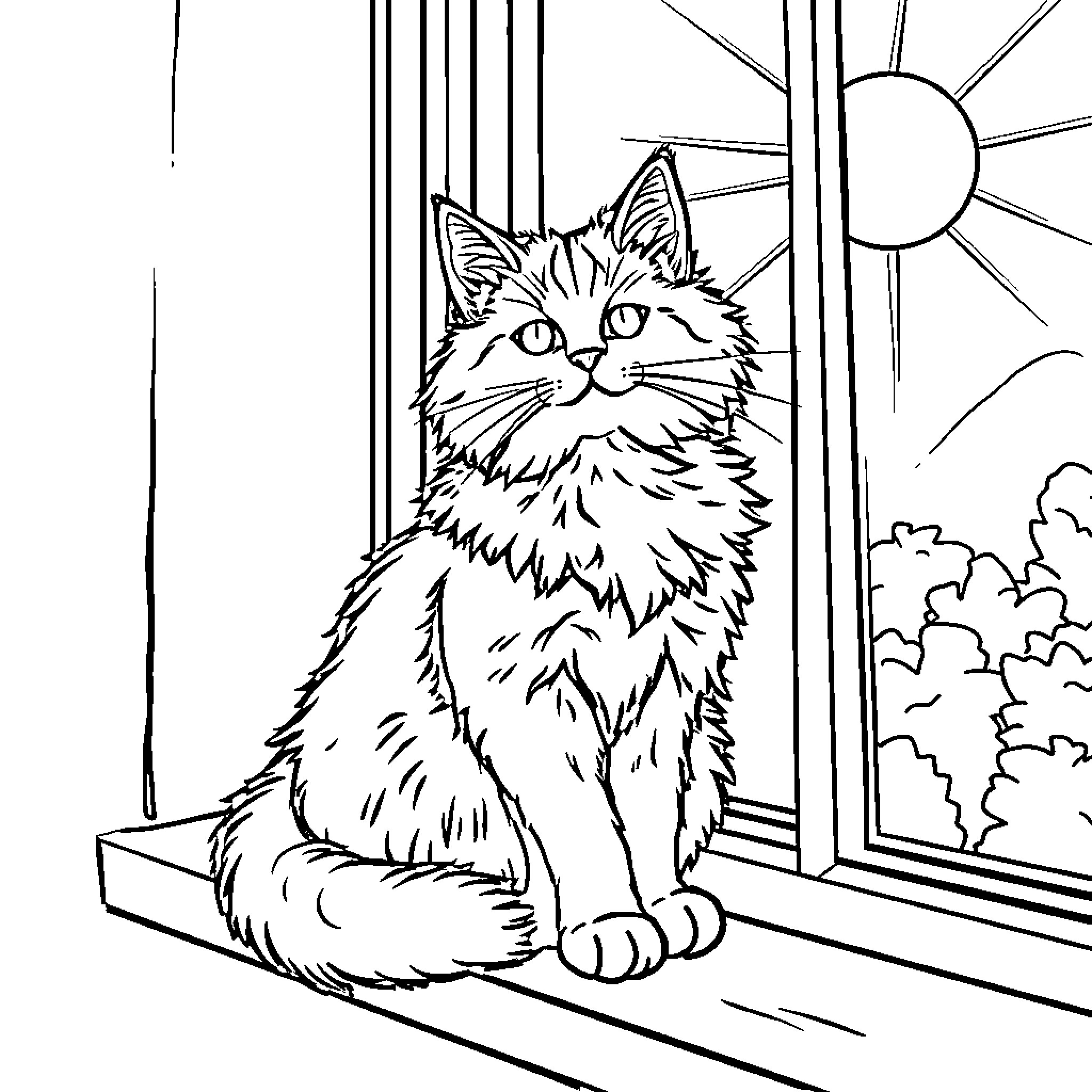 Cat gazing through the window Coloring Page (free black-and-white line drawing printable PDF for all, from beginners to advanced learners, including children, teens, adults, and seniors)