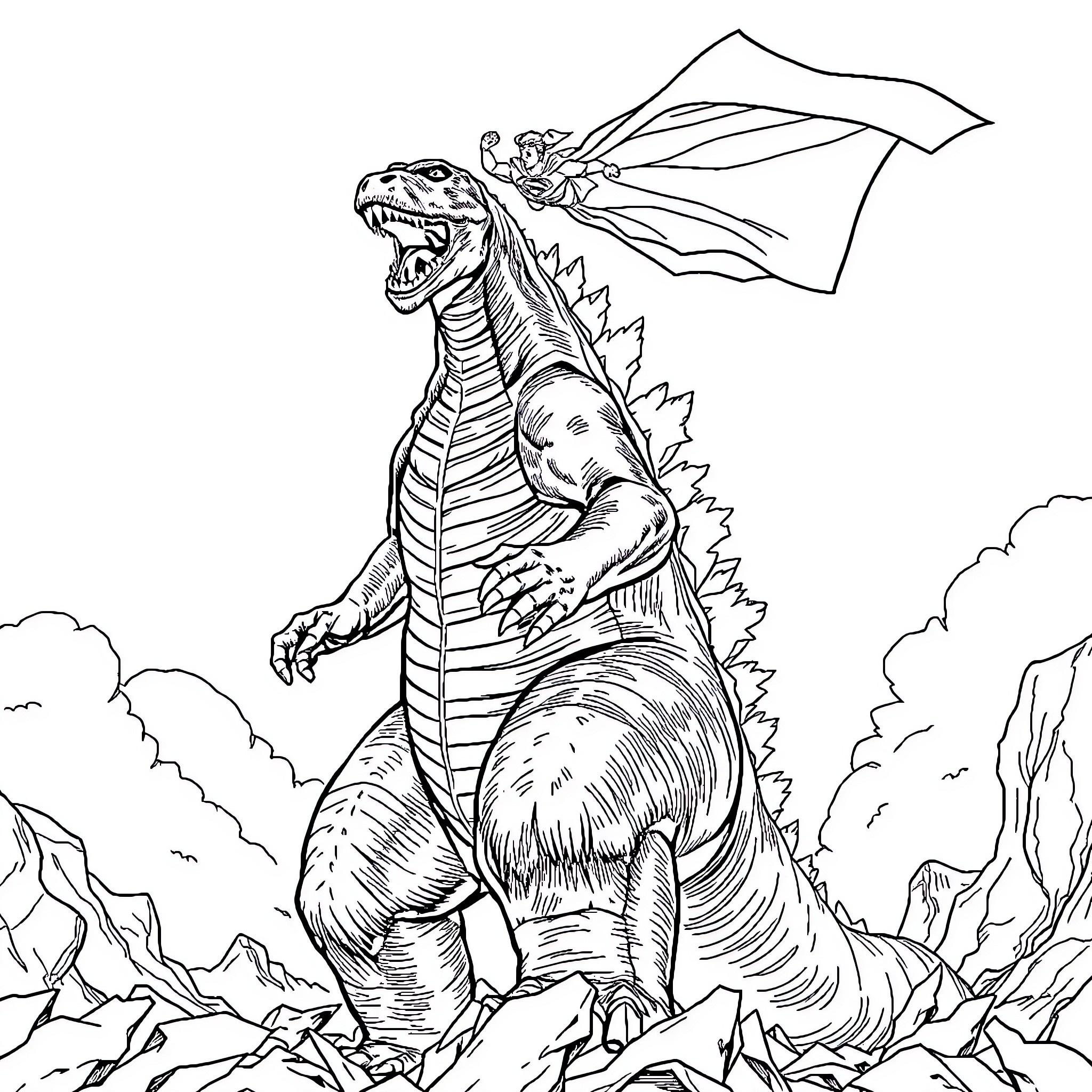 Godzilla Unleashing Destruction in Mountainous Terrain Coloring Page (free black-and-white line drawing printable PDF for all, from beginners to advanced learners, including children, teens, adults, and seniors)
