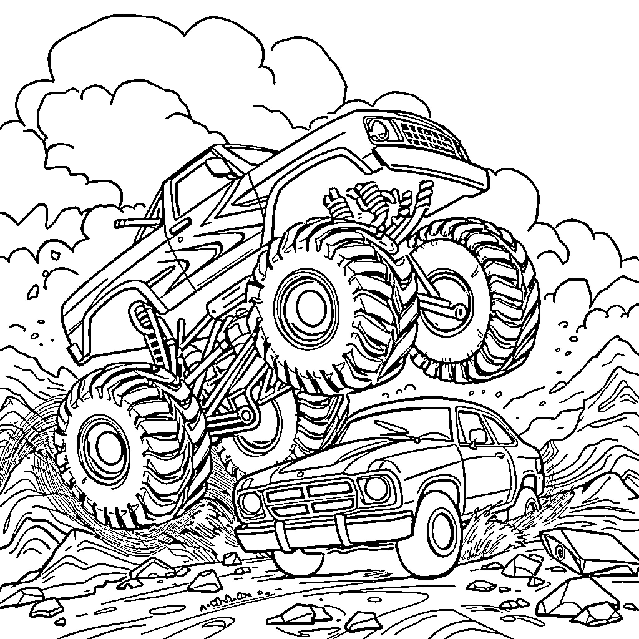 Monster Truck crushing a small car in the wilderness Coloring Page (free black-and-white line drawing printable PDF for all, from beginners to advanced learners, including children, teens, adults, and seniors)