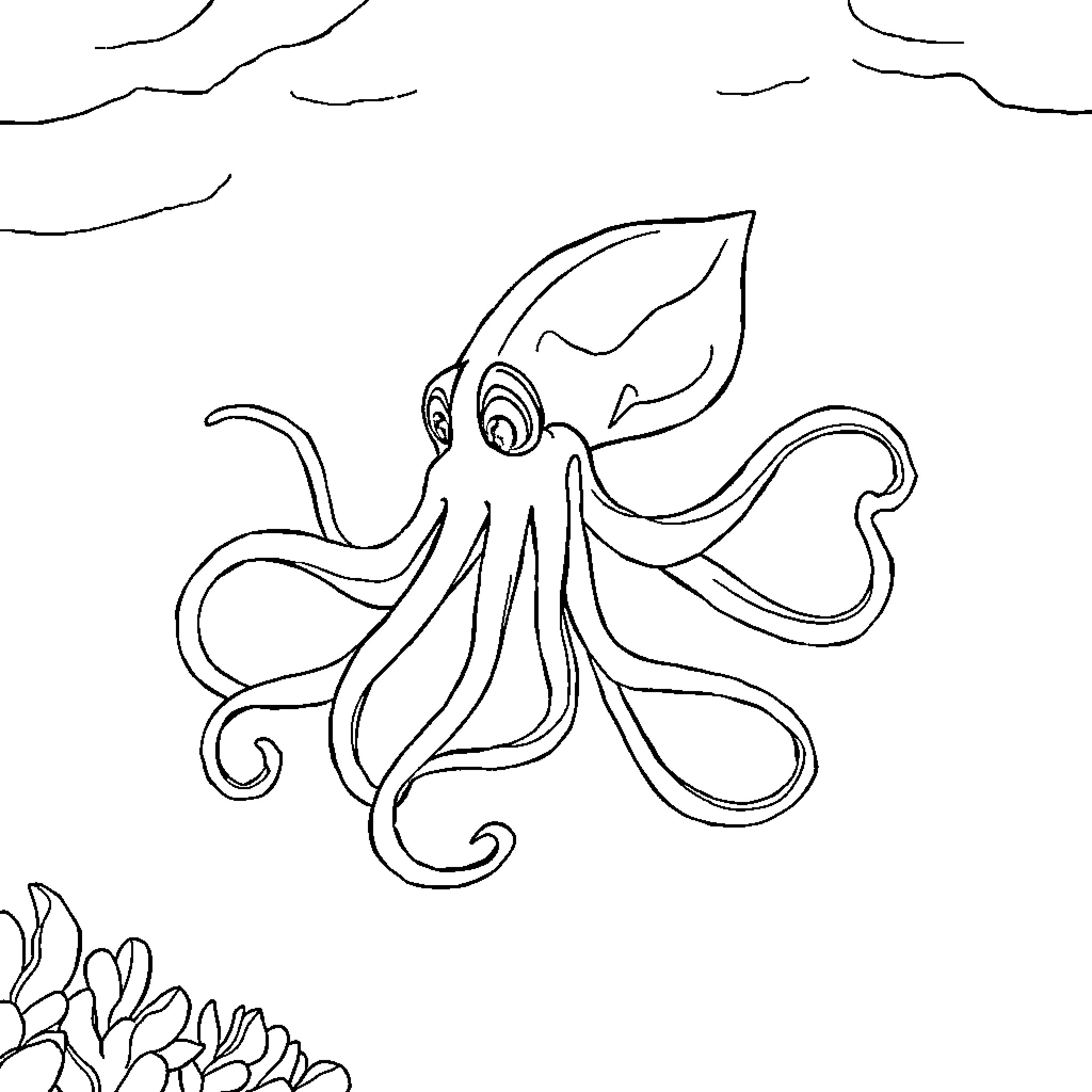 Squid swimming gracefully in the ocean Coloring Page (free black-and-white line drawing printable PDF for all, from beginners to advanced learners, including children, teens, adults, and seniors)