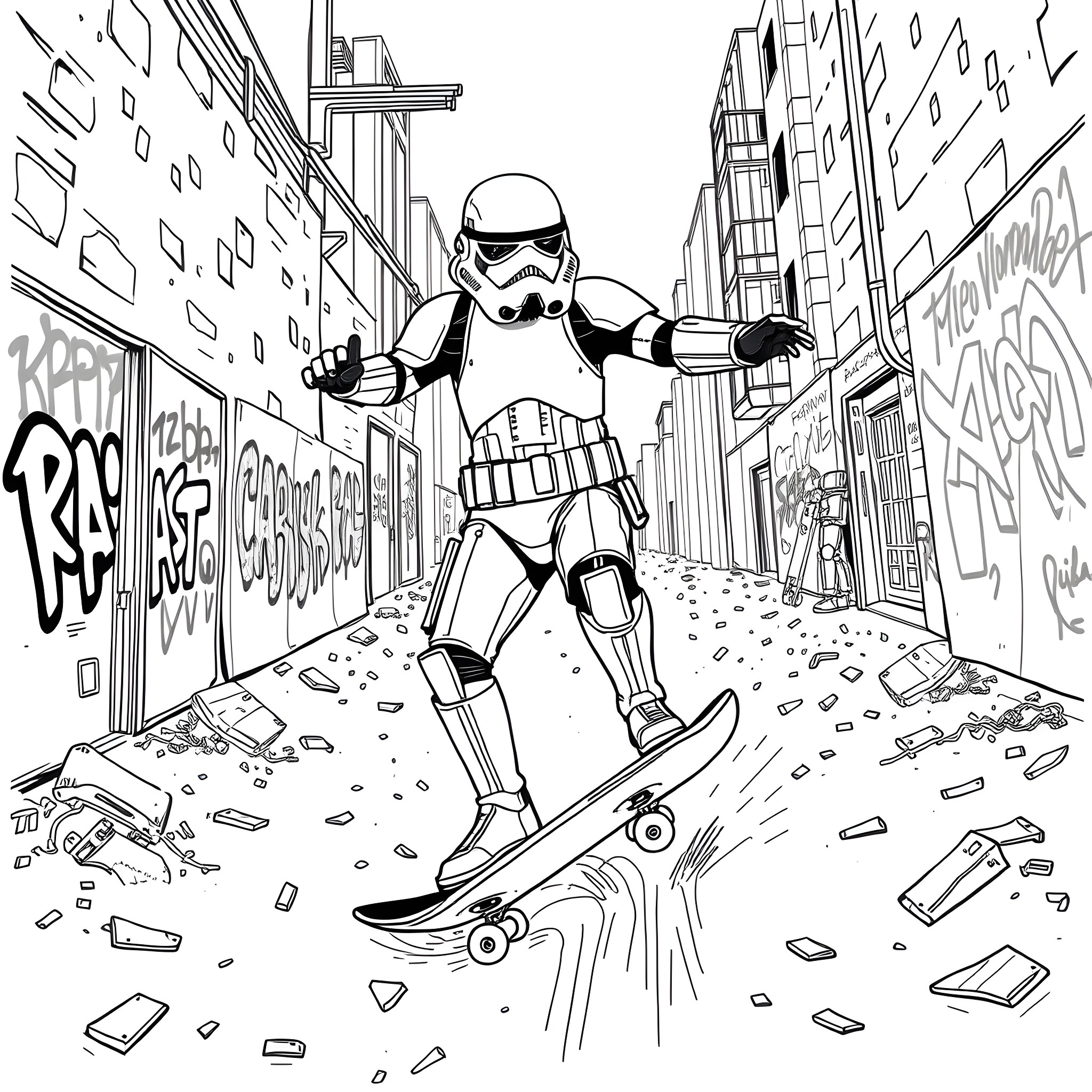 Stormtrooper riding skateboard through graffiti-covered urban alley Coloring Page (free black-and-white line drawing printable PDF for all, from beginners to advanced learners, including children, teens, adults, and seniors)