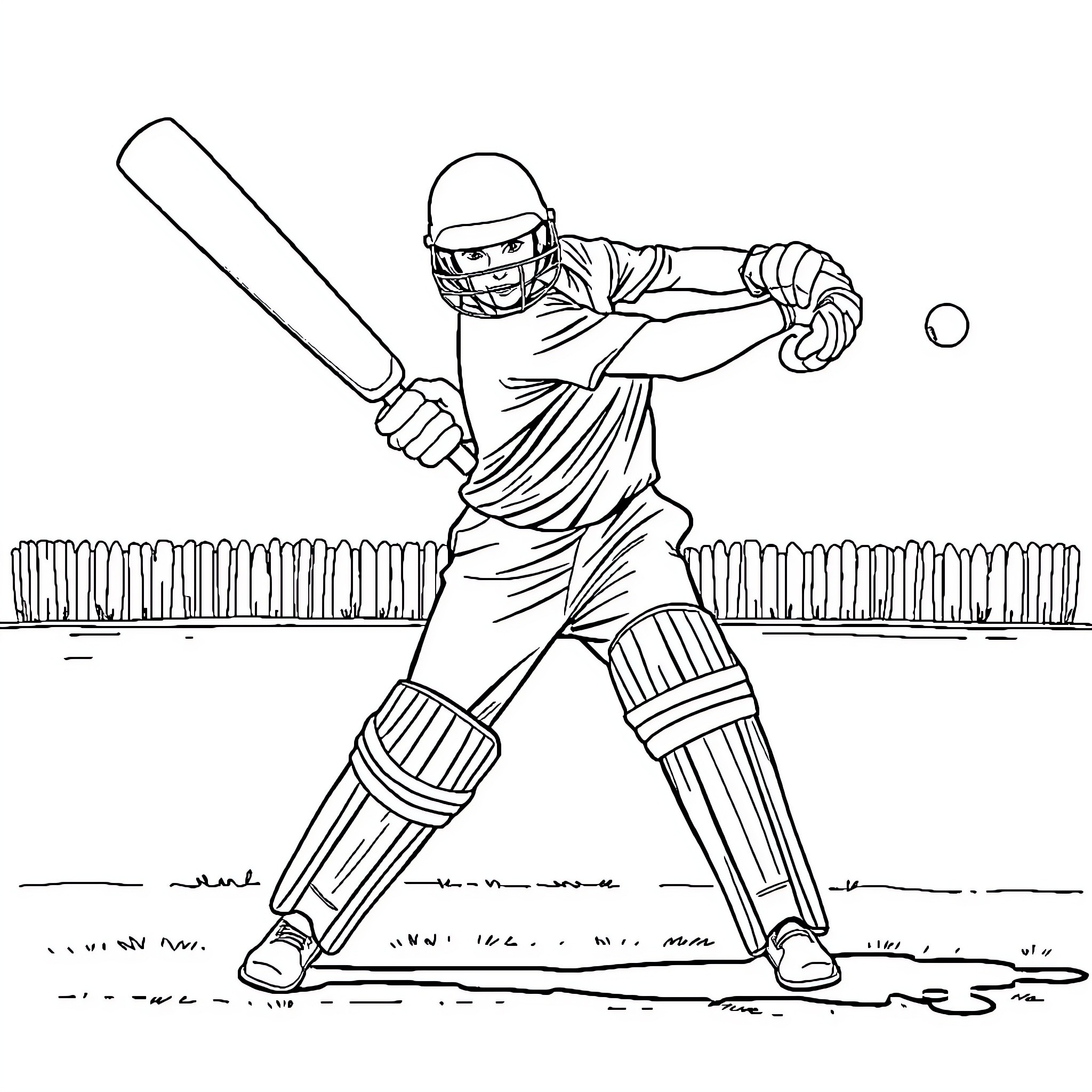 Cricket Player Batting on the Field Coloring Page (free black-and-white line drawing printable PDF for all, from beginners to advanced learners, including children, teens, adults, and seniors)