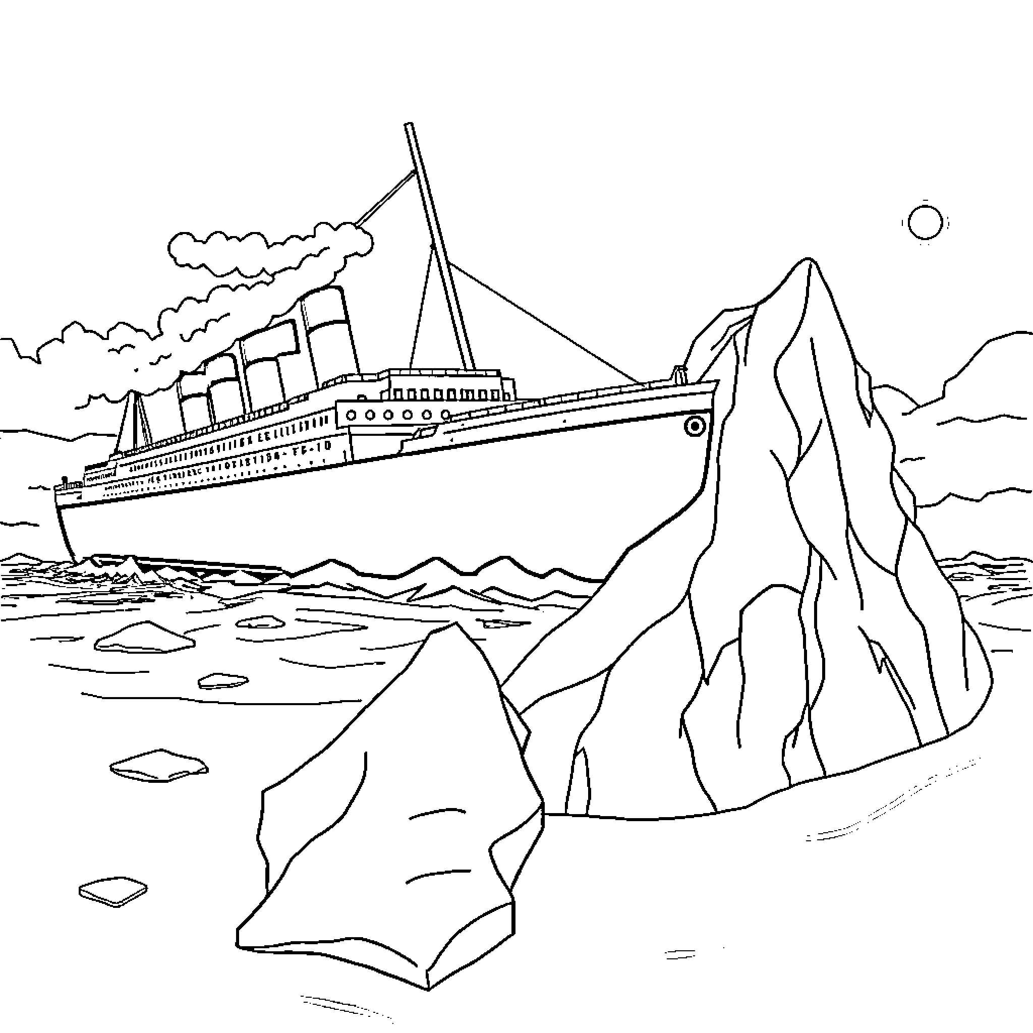 Titanic sailing through icy waters near towering icebergs Coloring Page (free black-and-white line drawing printable PDF for all, from beginners to advanced learners, including children, teens, adults, and seniors)