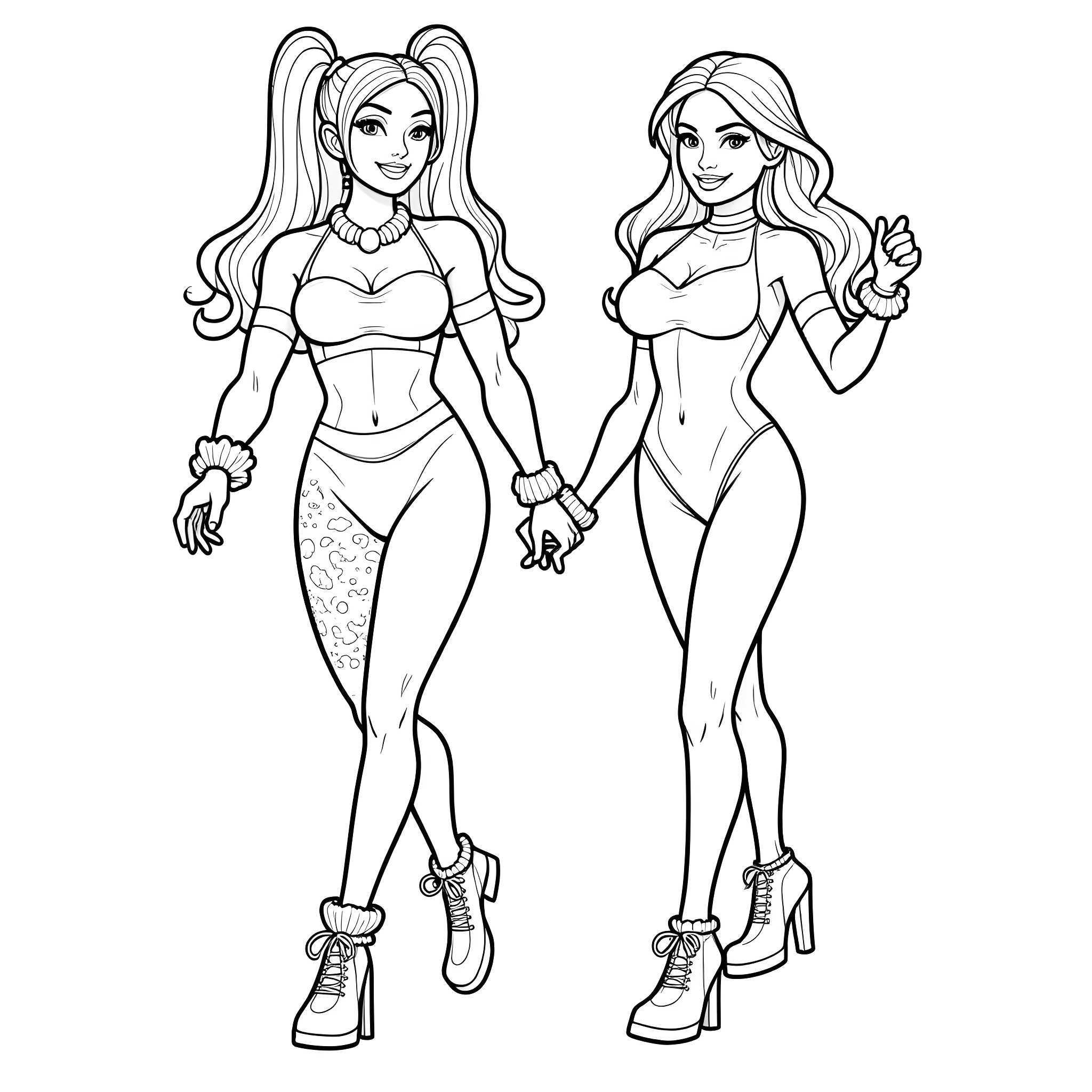 Harley Quinn and Friend Strike Confident Poses Coloring Page (free black-and-white line drawing printable PDF for all, from beginners to advanced learners, including children, teens, adults, and seniors)
