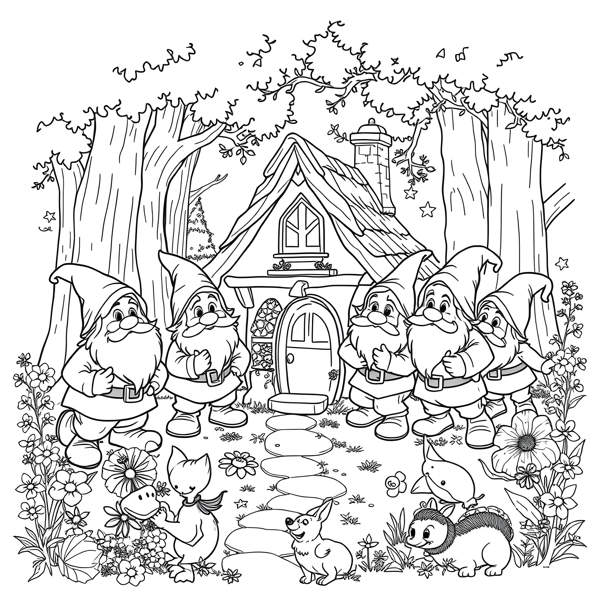 Dwarf characters exploring a whimsical forest scene Coloring Page (free black-and-white line drawing printable PDF for all, from beginners to advanced learners, including children, teens, adults, and seniors)