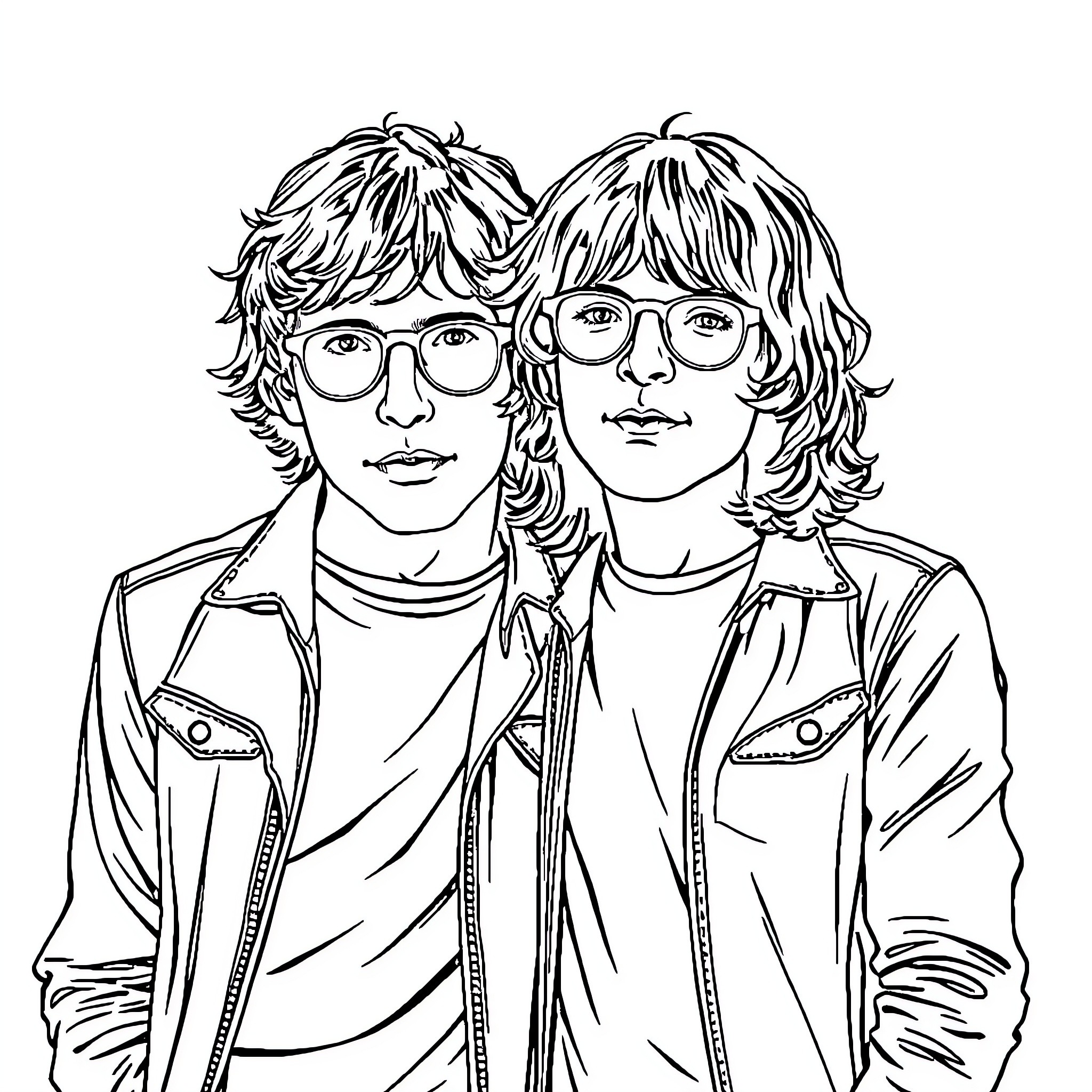 Gallagher Brothers in Casual Attire and Eyeglasses Coloring Page (free black-and-white line drawing printable PDF for all, from beginners to advanced learners, including children, teens, adults, and seniors)