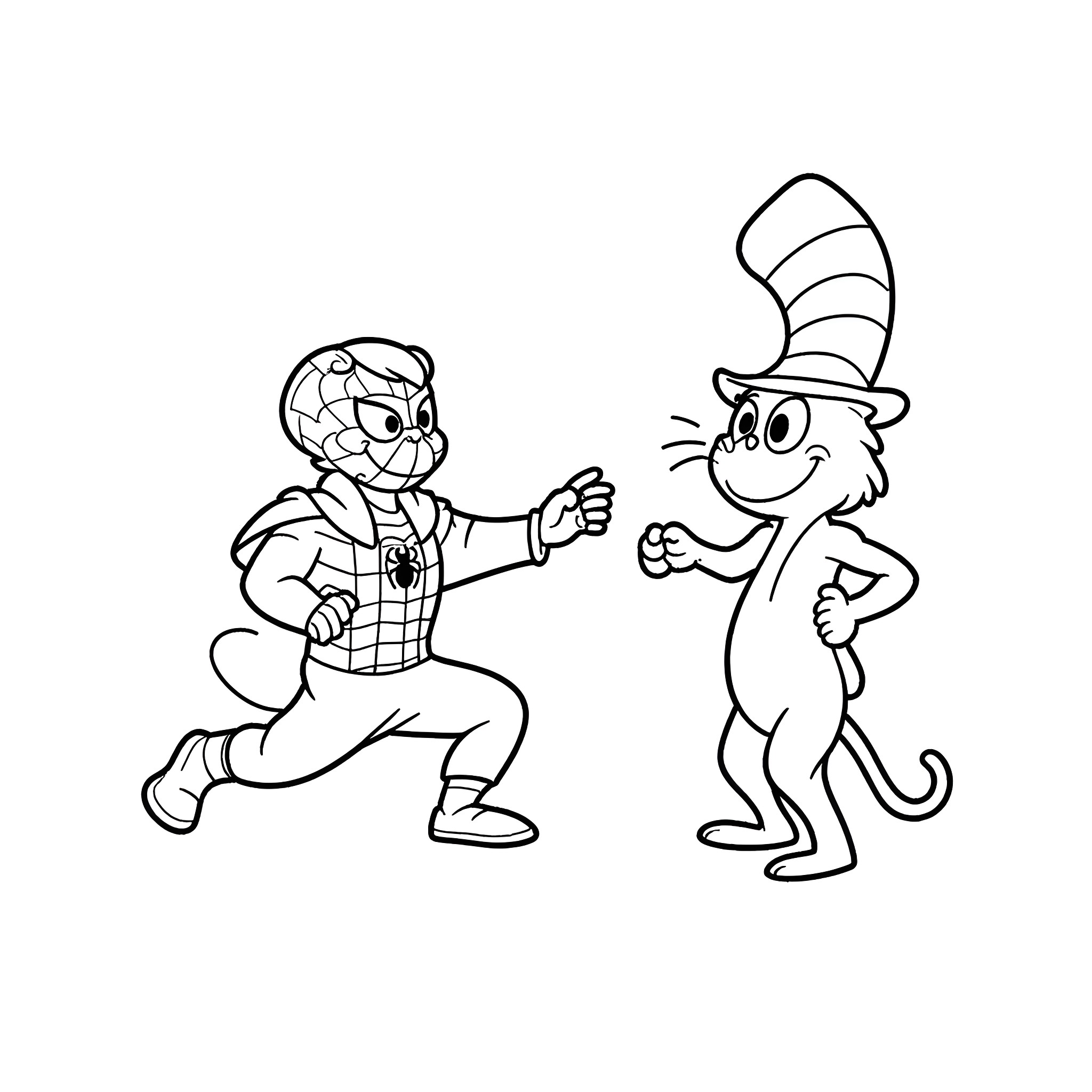 Spiderman interacting with the Cat in the Hat Coloring Page (free black-and-white line drawing printable PDF for all, from beginners to advanced learners, including children, teens, adults, and seniors)