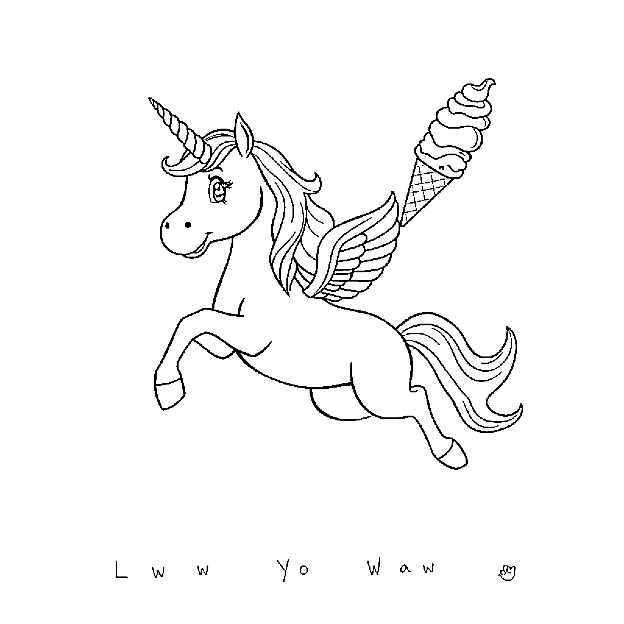 Unicorn flying with ice cream cone Coloring Page (free black-and-white line drawing printable PDF for all, from beginners to advanced learners, including children, teens, adults, and seniors)