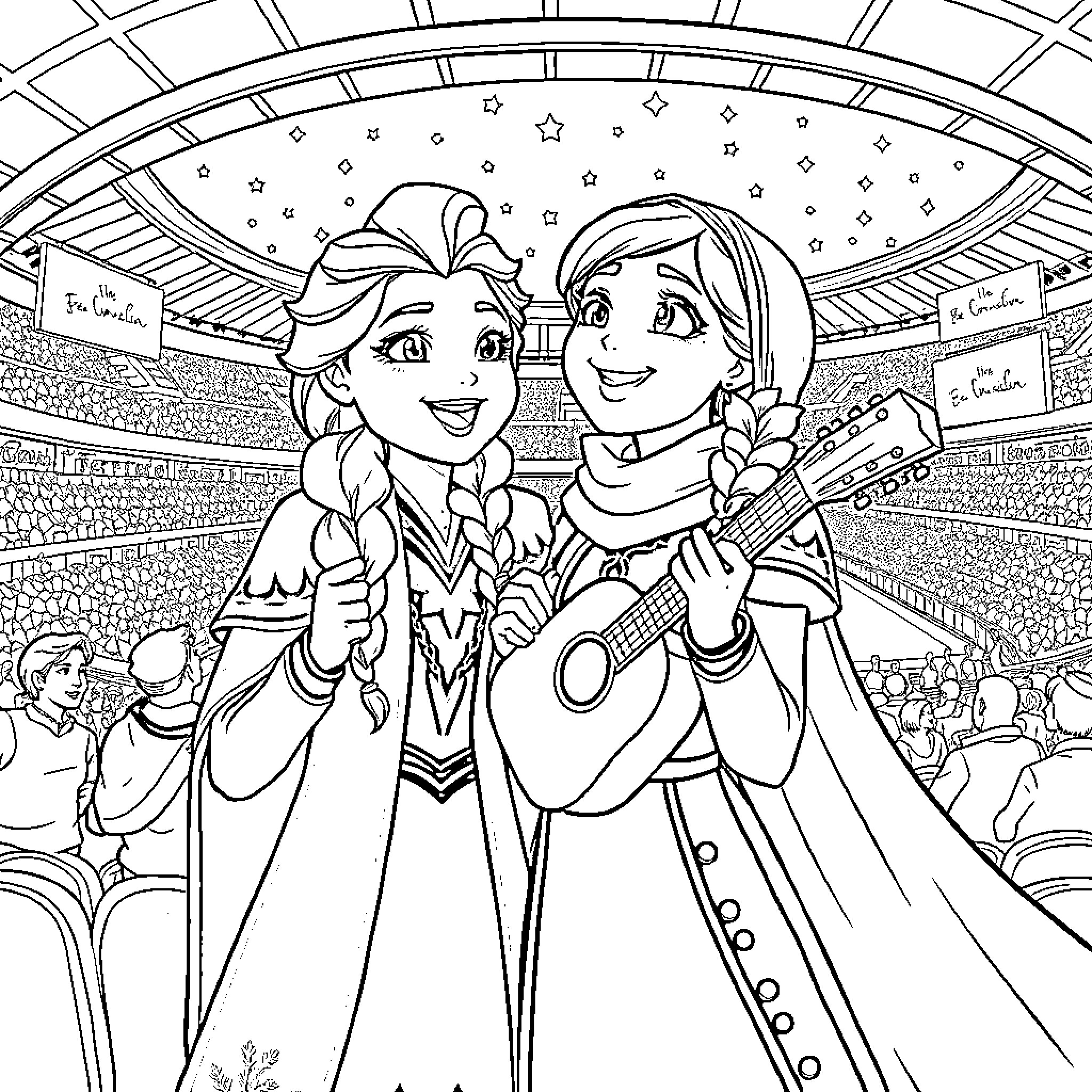 Elsa and Anna Performing on Stage Coloring Page (free black-and-white line drawing printable PDF for all, from beginners to advanced learners, including children, teens, adults, and seniors)