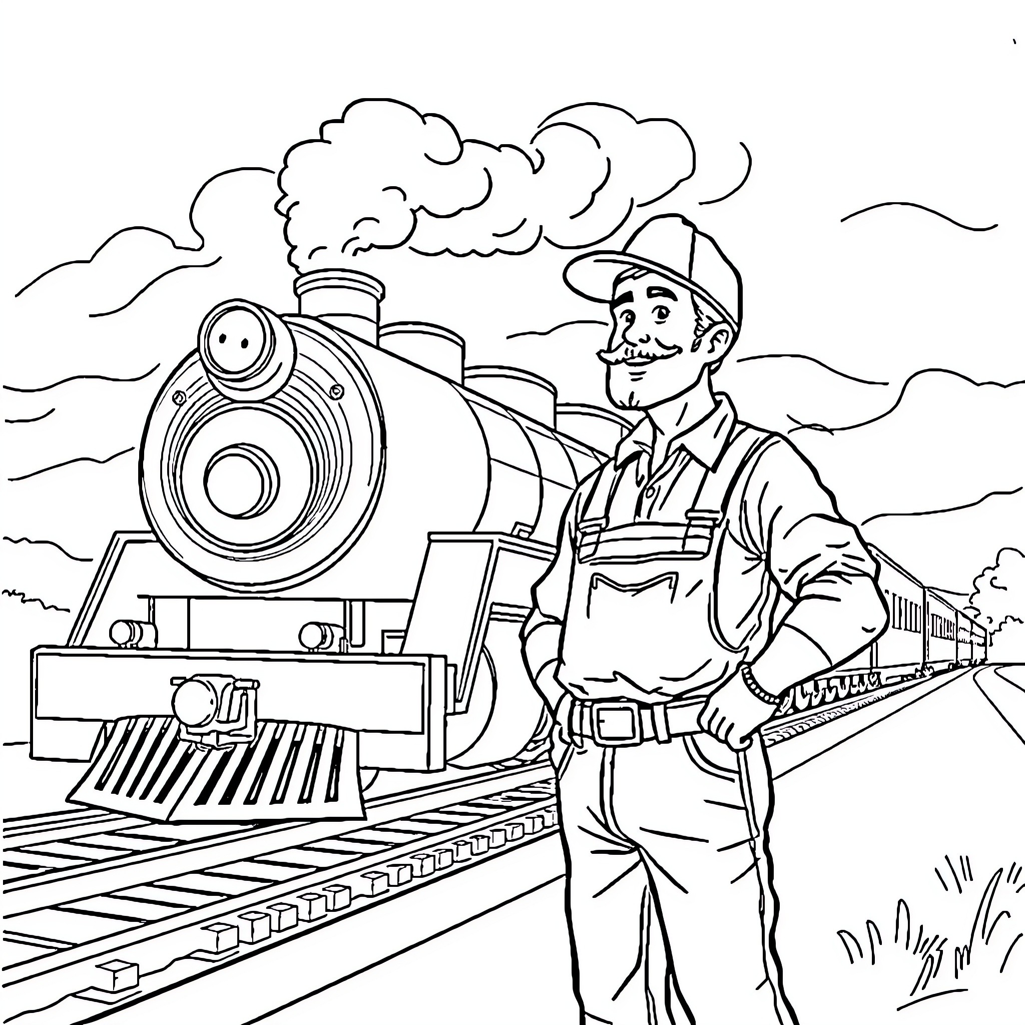 Train Worker Operating Locomotive Engine on Railway Coloring Page (free black-and-white line drawing printable PDF for all, from beginners to advanced learners, including children, teens, adults, and seniors)