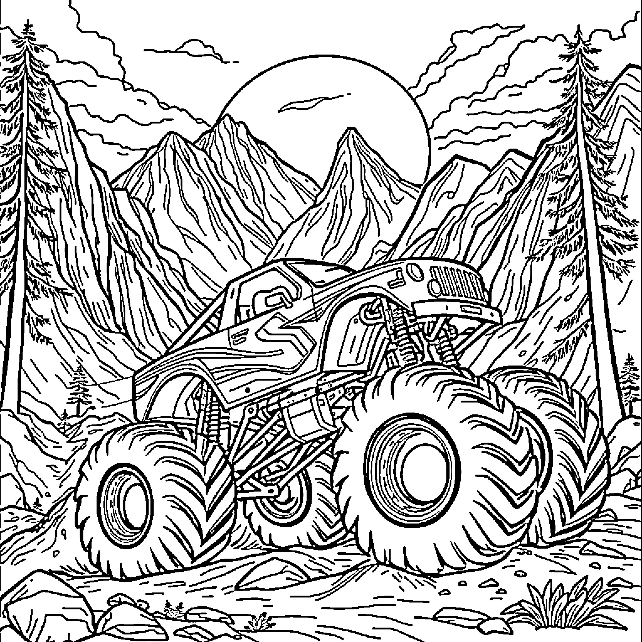 Monsterjam truck conquering rugged mountain terrain Coloring Page (free black-and-white line drawing printable PDF for all, from beginners to advanced learners, including children, teens, adults, and seniors)