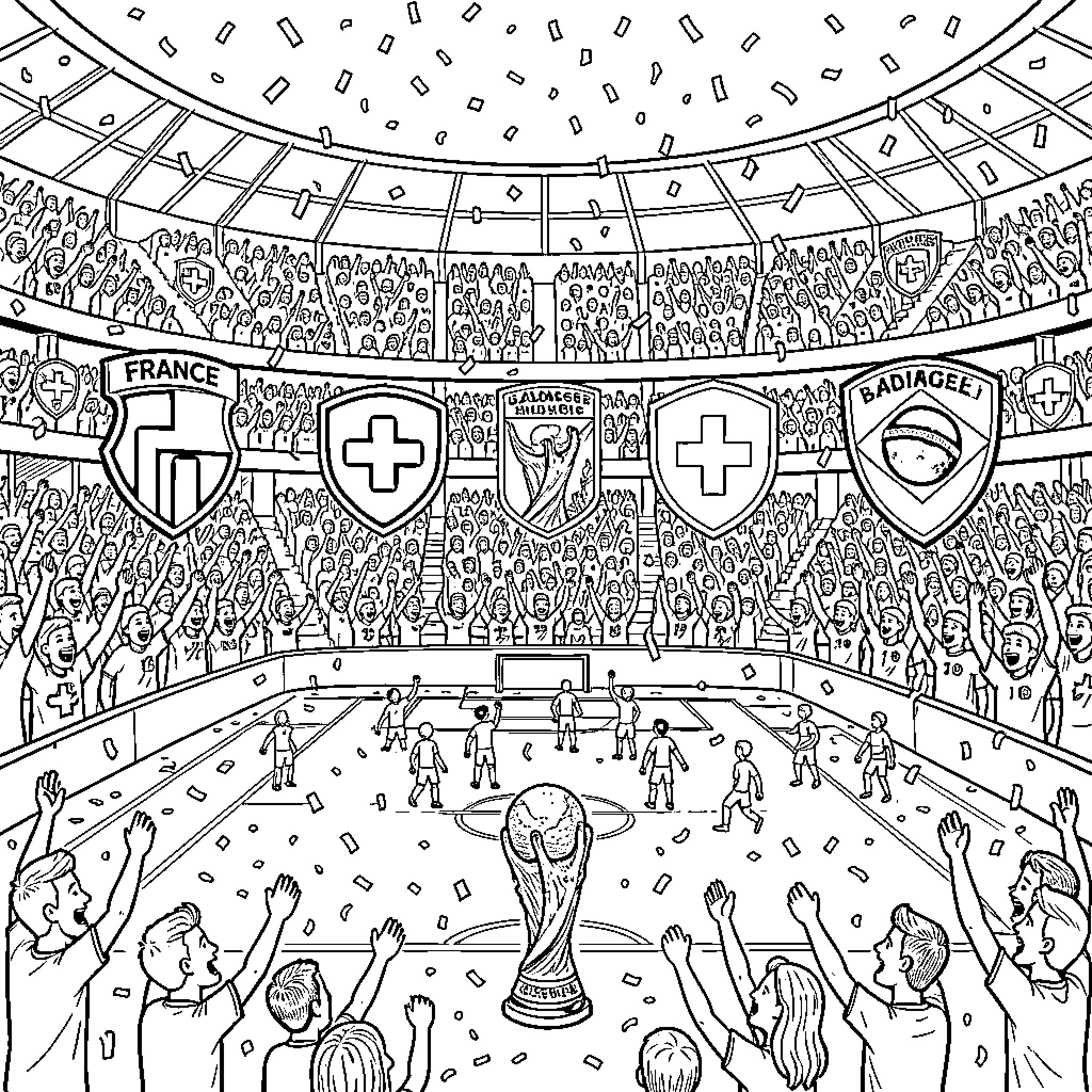 Soccer Team celebrating victory in a crowded stadium Coloring Page (free black-and-white line drawing printable PDF for all, from beginners to advanced learners, including children, teens, adults, and seniors)