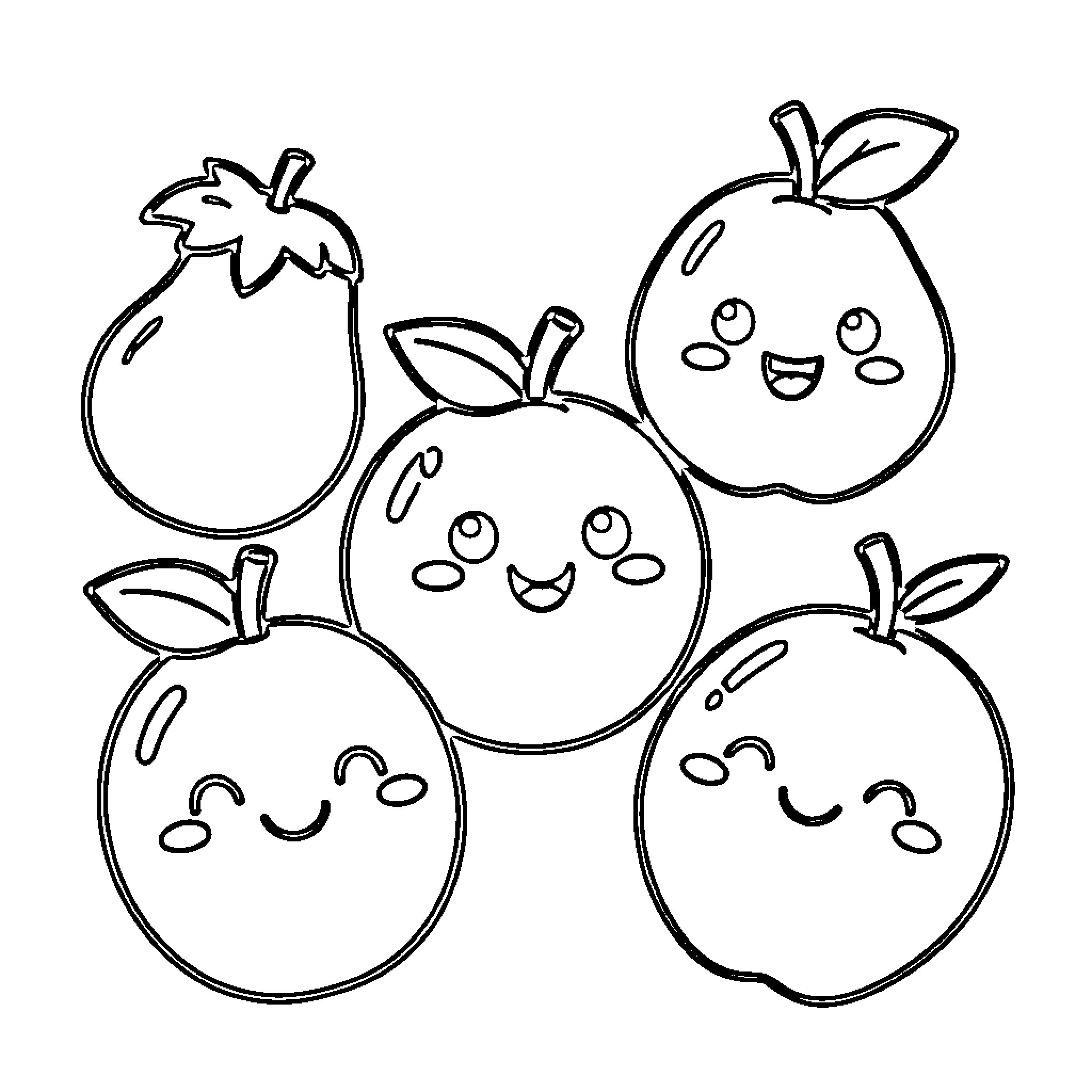 Fruit characters smiling and showing happy expressions Coloring Page (free black-and-white line drawing printable PDF for all, from beginners to advanced learners, including children, teens, adults, and seniors)
