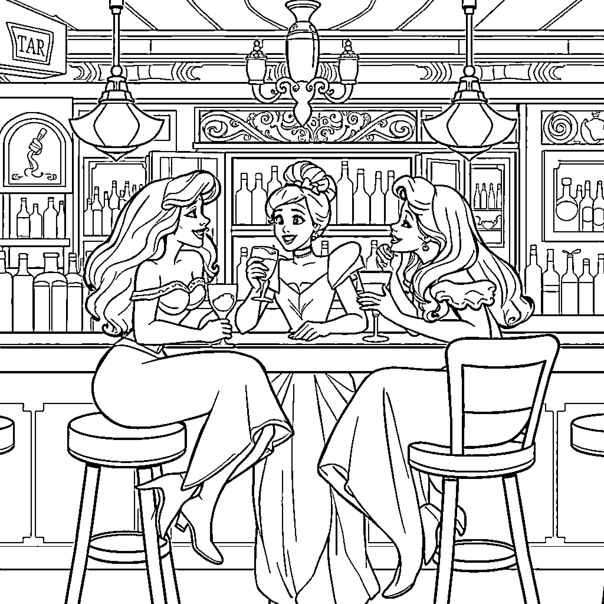Princess Enjoying a Night Out with Friends Coloring Page (free black-and-white line drawing printable PDF for all, from beginners to advanced learners, including children, teens, adults, and seniors)