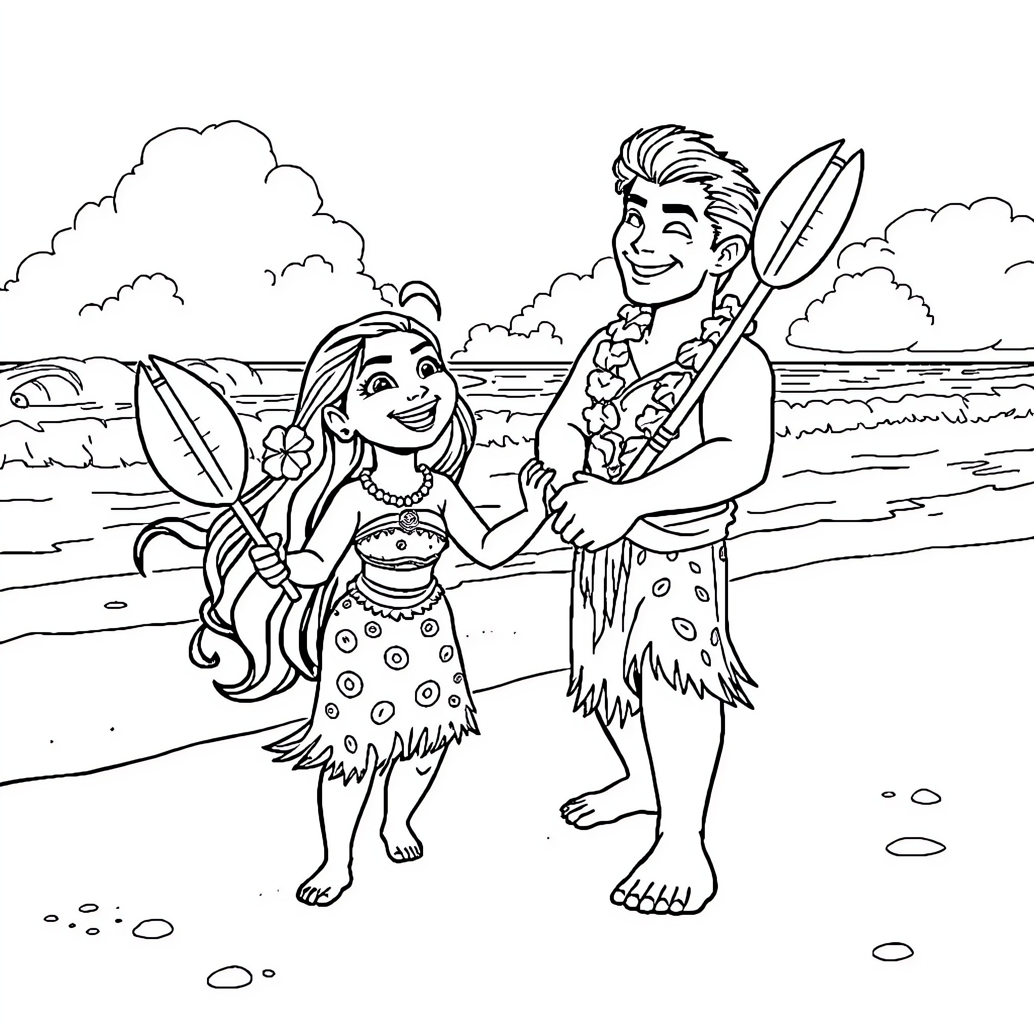 Moana and Maui enjoying a day at the beach Coloring Page (free black-and-white line drawing printable PDF for all, from beginners to advanced learners, including children, teens, adults, and seniors)