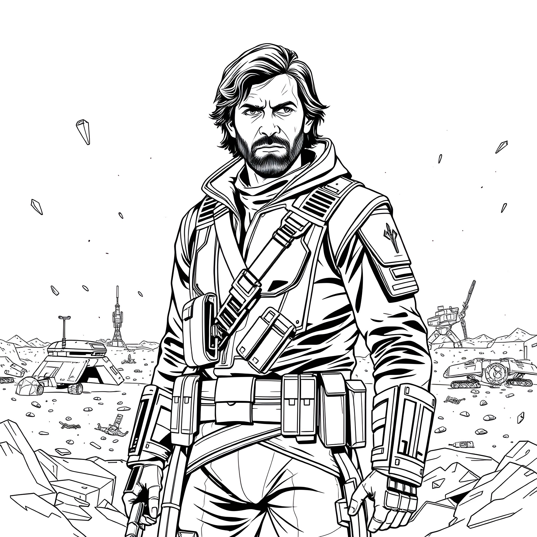 Cassian Andor in a Rugged Battlefield Stance Coloring Page (free black-and-white line drawing printable PDF for all, from beginners to advanced learners, including children, teens, adults, and seniors)