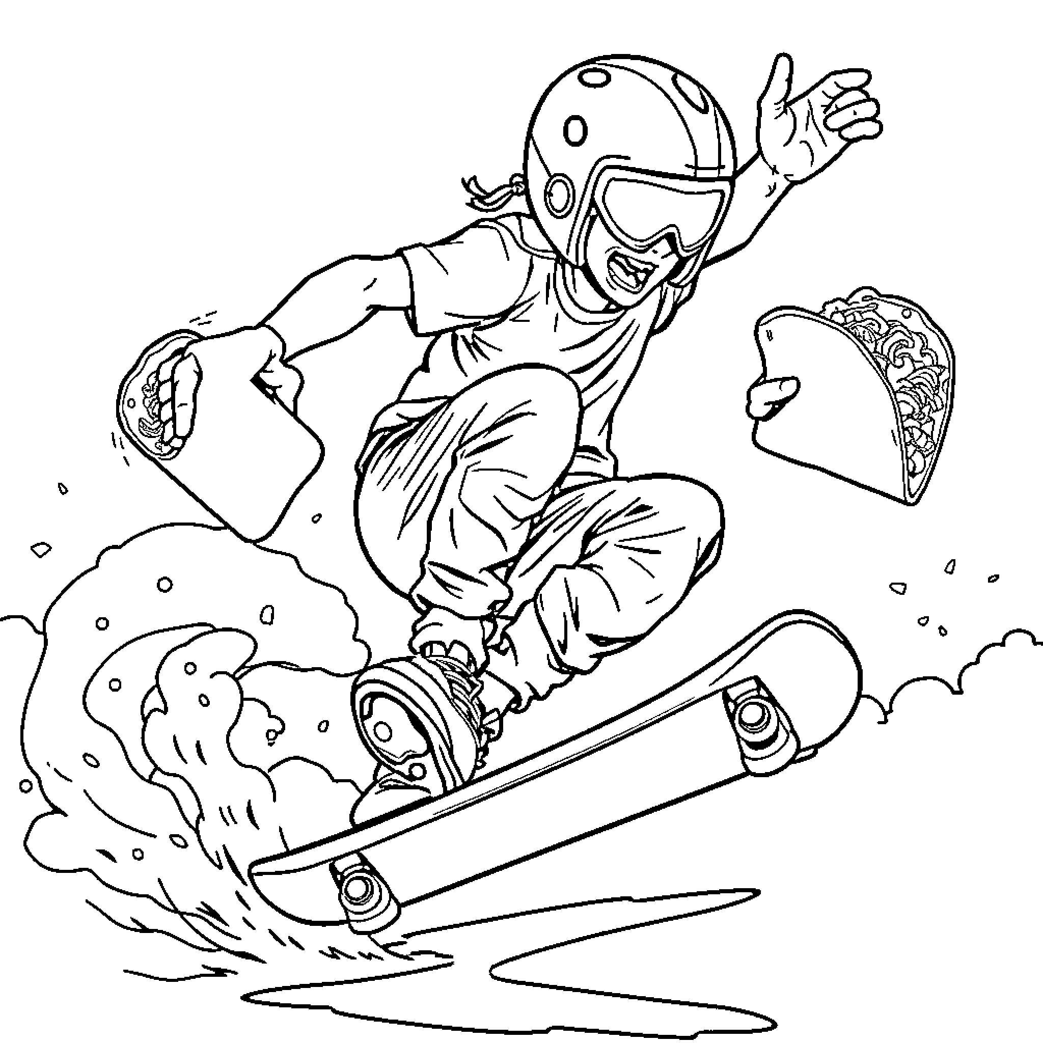 Skater performs thrilling maneuver on the halfpipe Coloring Page (free black-and-white line drawing printable PDF for all, from beginners to advanced learners, including children, teens, adults, and seniors)