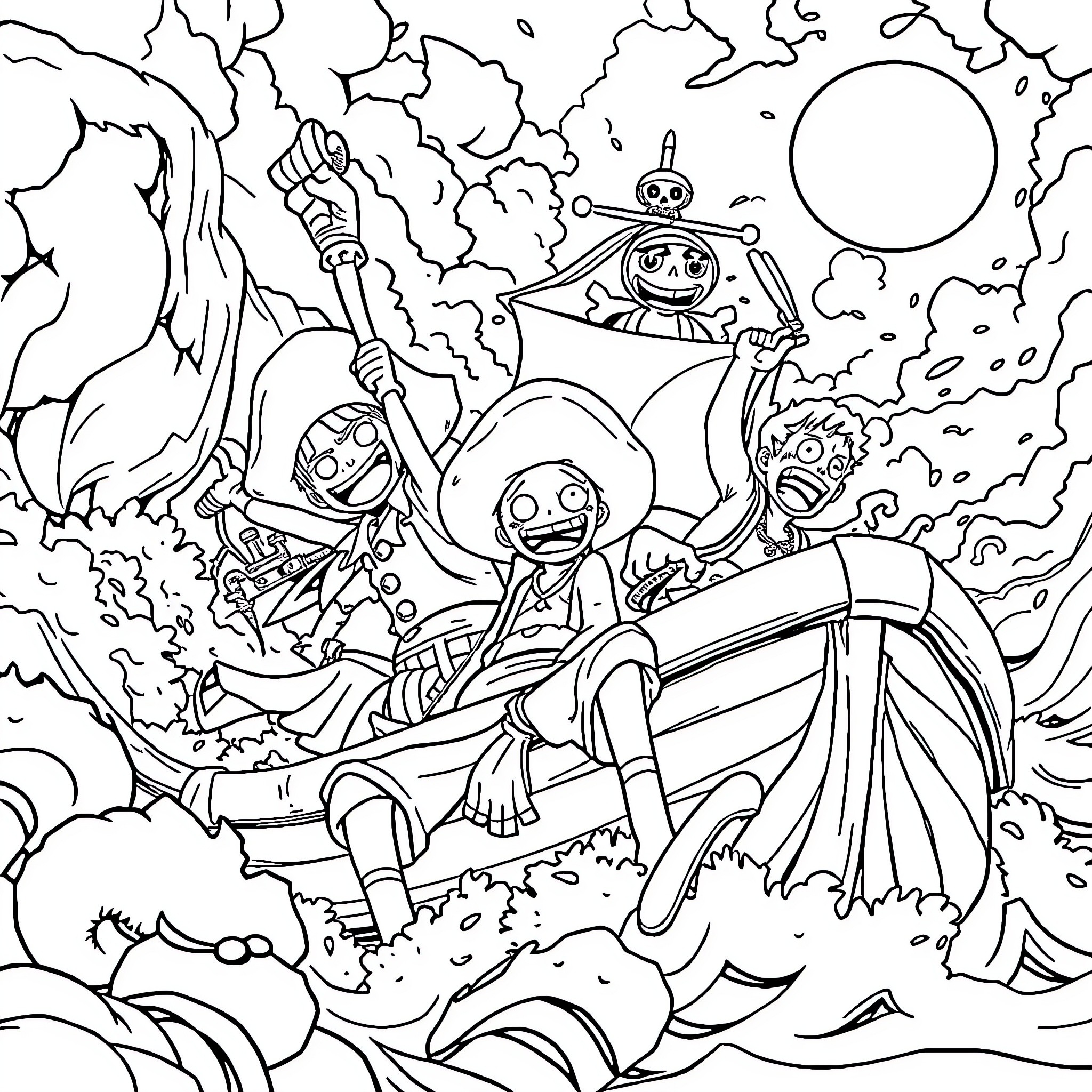 One Piece: Adventurous Pirates Sailing Through Stormy Seas Coloring Page (free black-and-white line drawing printable PDF for all, from beginners to advanced learners, including children, teens, adults, and seniors)