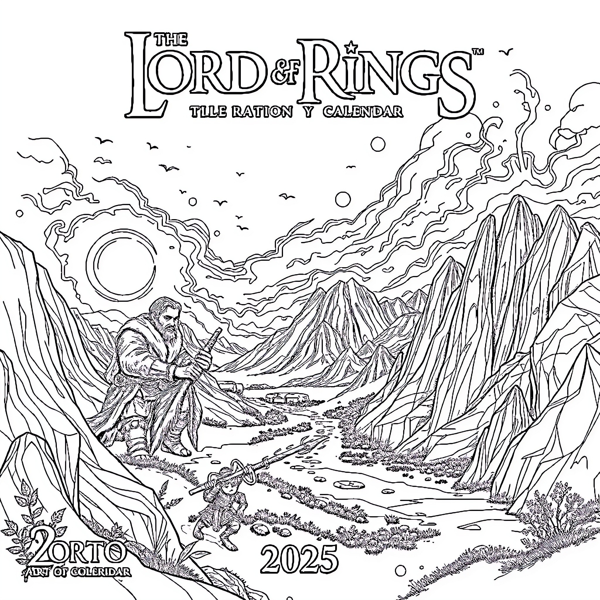Lord of the Rings: Characters Journeying Through Fantastical Landscapes Coloring Page (free black-and-white line drawing printable PDF for all, from beginners to advanced learners, including children, teens, adults, and seniors)