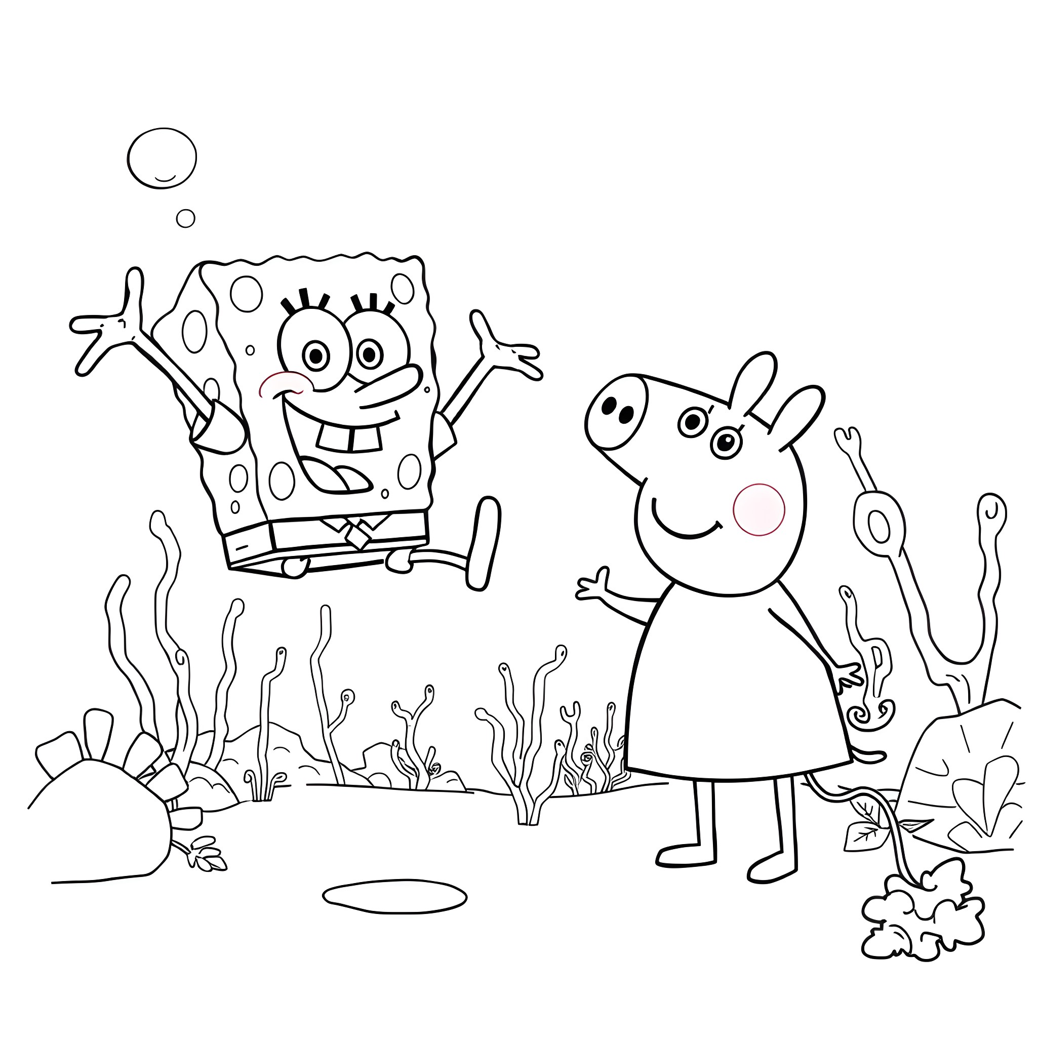 Spongebob and Peppa Pig enjoy an underwater adventure Coloring Page (free black-and-white line drawing printable PDF for all, from beginners to advanced learners, including children, teens, adults, and seniors)