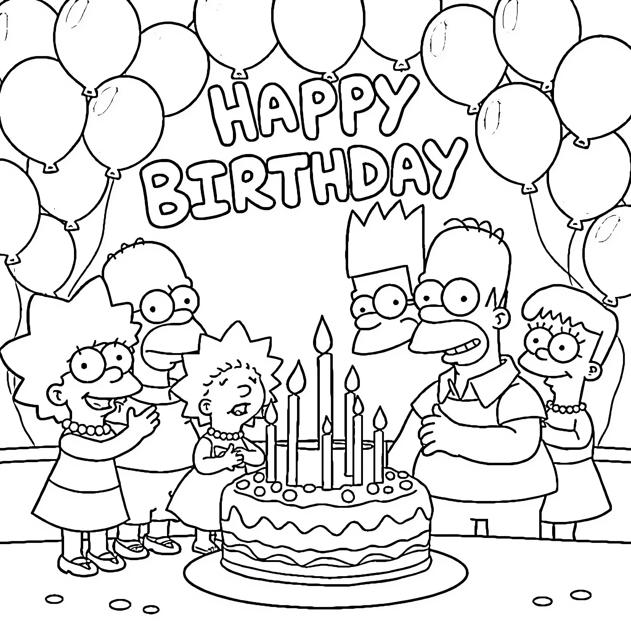 Simpson family celebrating happy birthday with cake and balloons Coloring Page (free black-and-white line drawing printable PDF for all, from beginners to advanced learners, including children, teens, adults, and seniors)