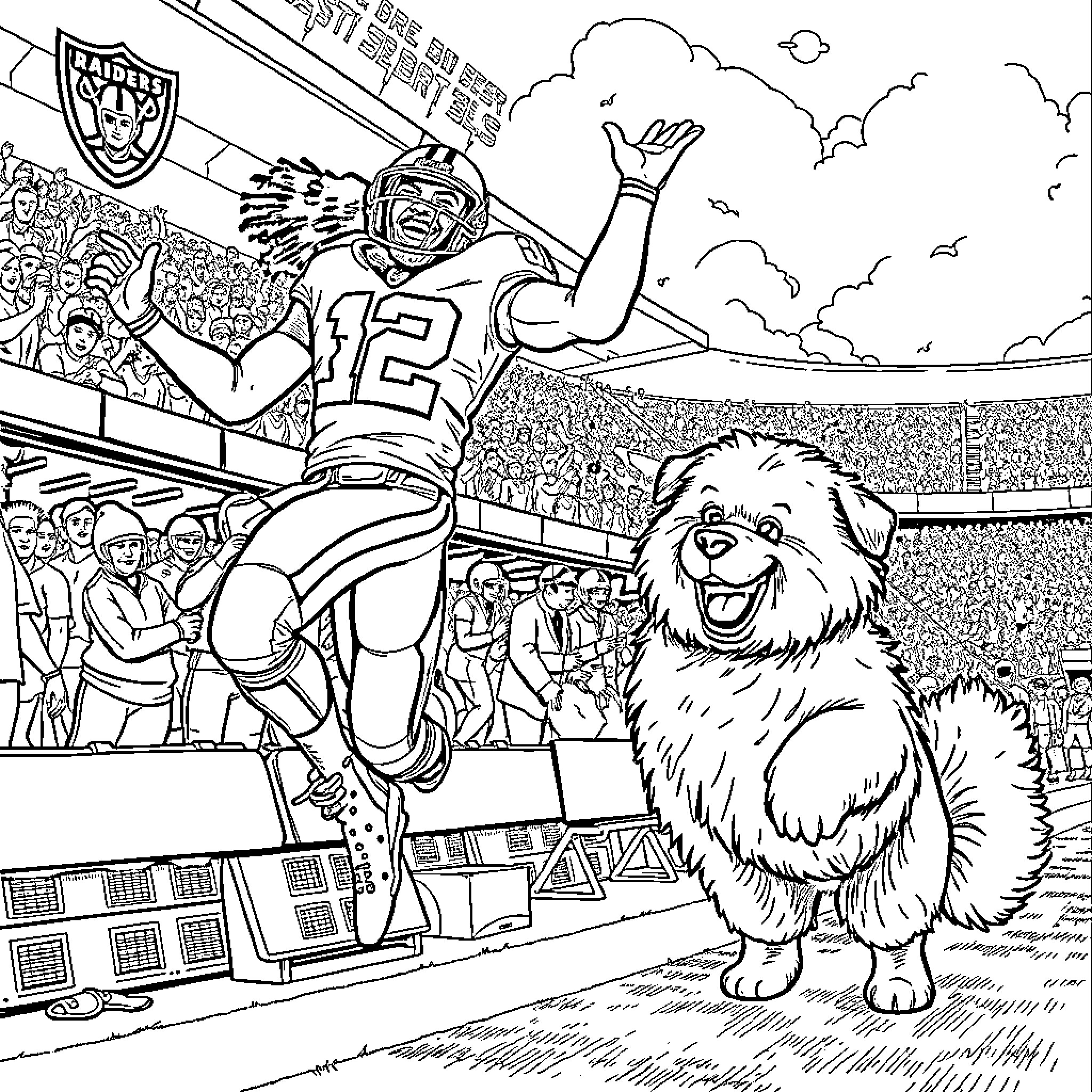Marshawn Lynch celebrating touchdown with team mascot Coloring Page (free black-and-white line drawing printable PDF for all, from beginners to advanced learners, including children, teens, adults, and seniors)