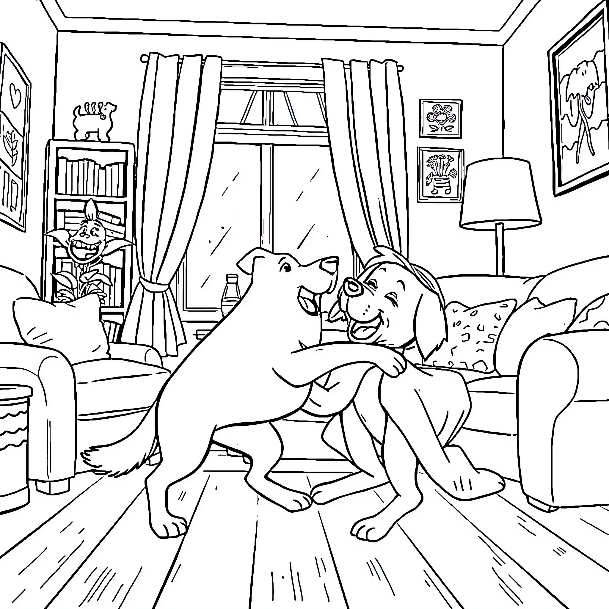 Bluey and sibling playing playfully in living room Coloring Page (free black-and-white line drawing printable PDF for all, from beginners to advanced learners, including children, teens, adults, and seniors)