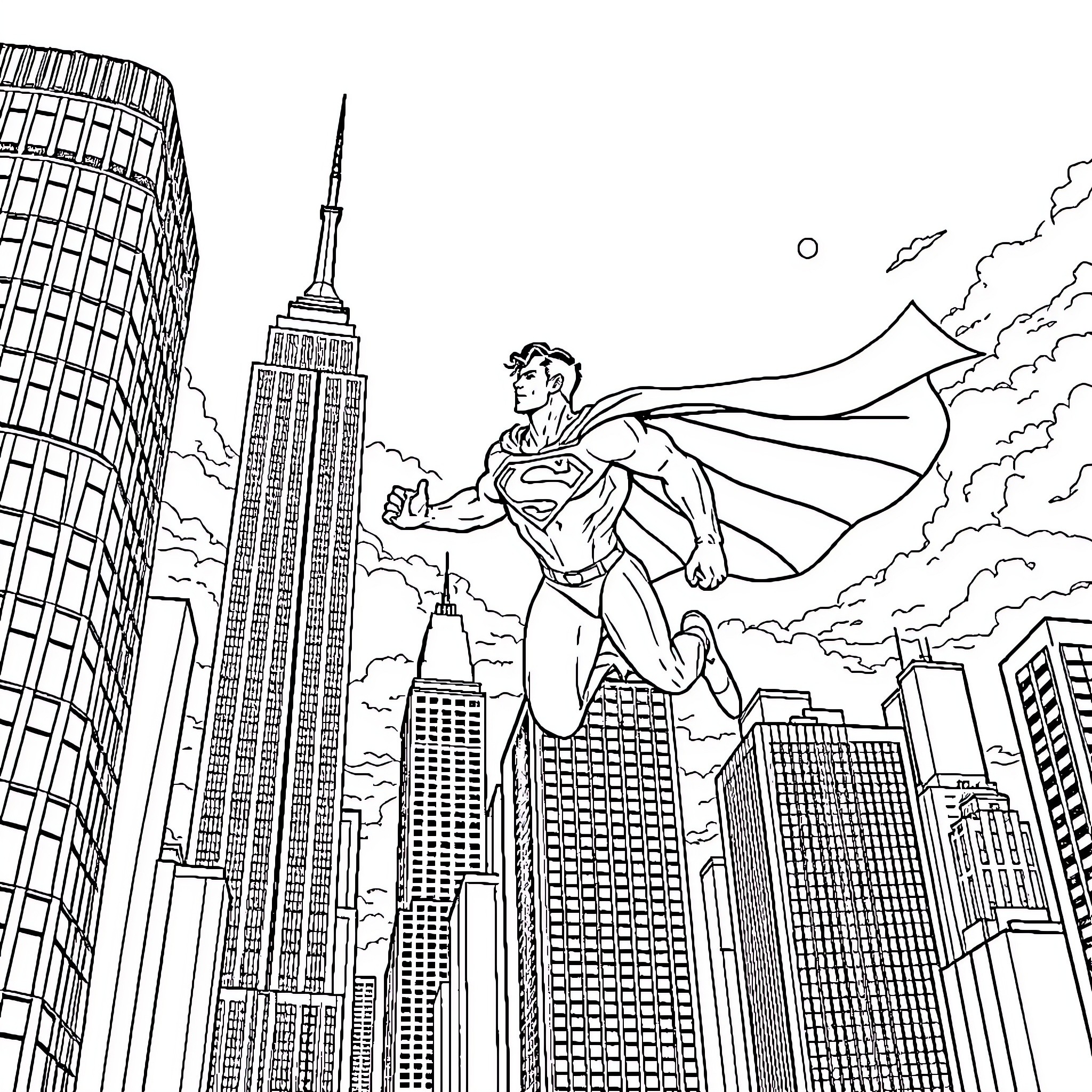 Superman flying over the city skyline Coloring Page (free black-and-white line drawing printable PDF for all, from beginners to advanced learners, including children, teens, adults, and seniors)