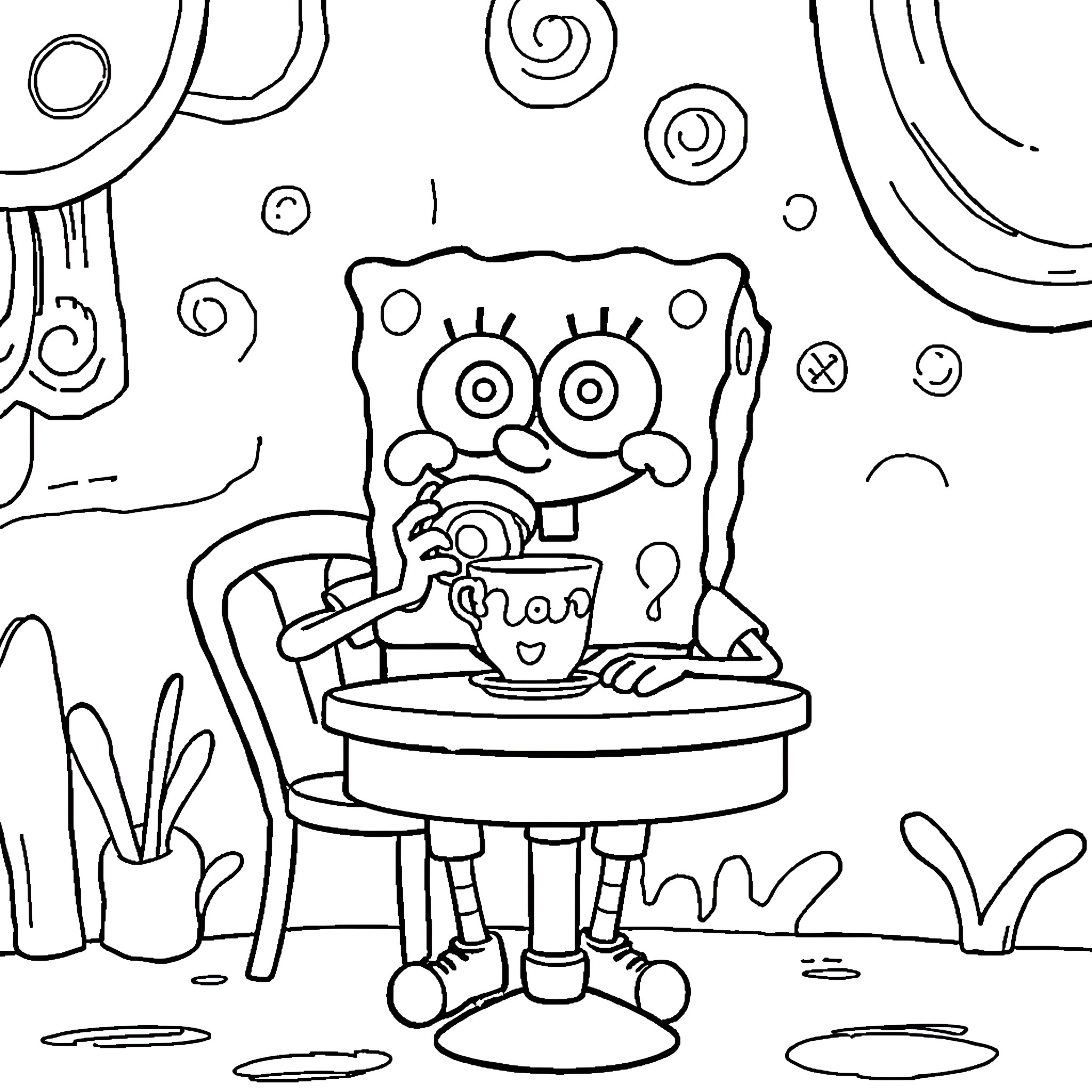 Spongebob enjoying a cup of tea in a whimsical scene Coloring Page (free black-and-white line drawing printable PDF for all, from beginners to advanced learners, including children, teens, adults, and seniors)