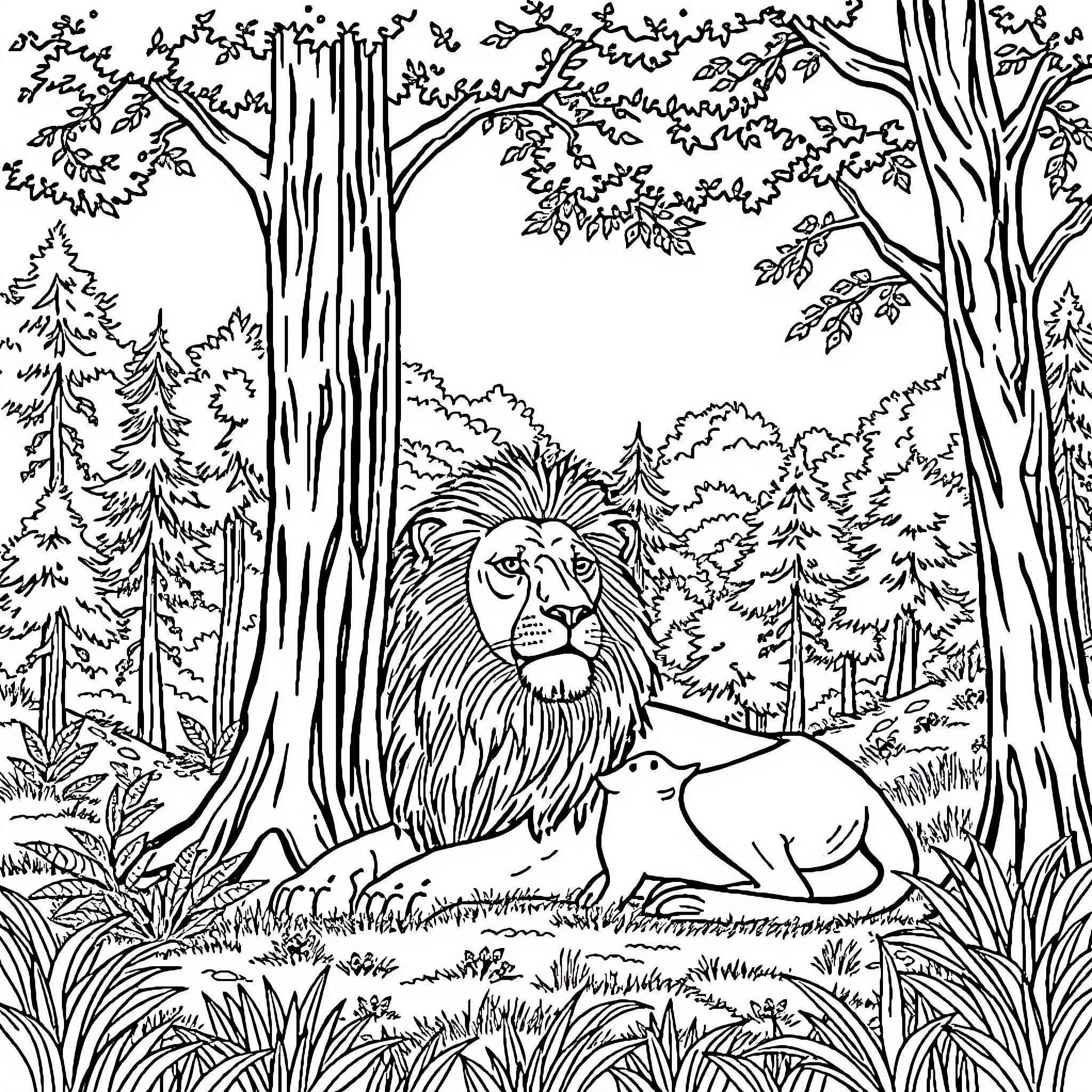 Lion resting peacefully in the forest Coloring Page (free black-and-white line drawing printable PDF for all, from beginners to advanced learners, including children, teens, adults, and seniors)