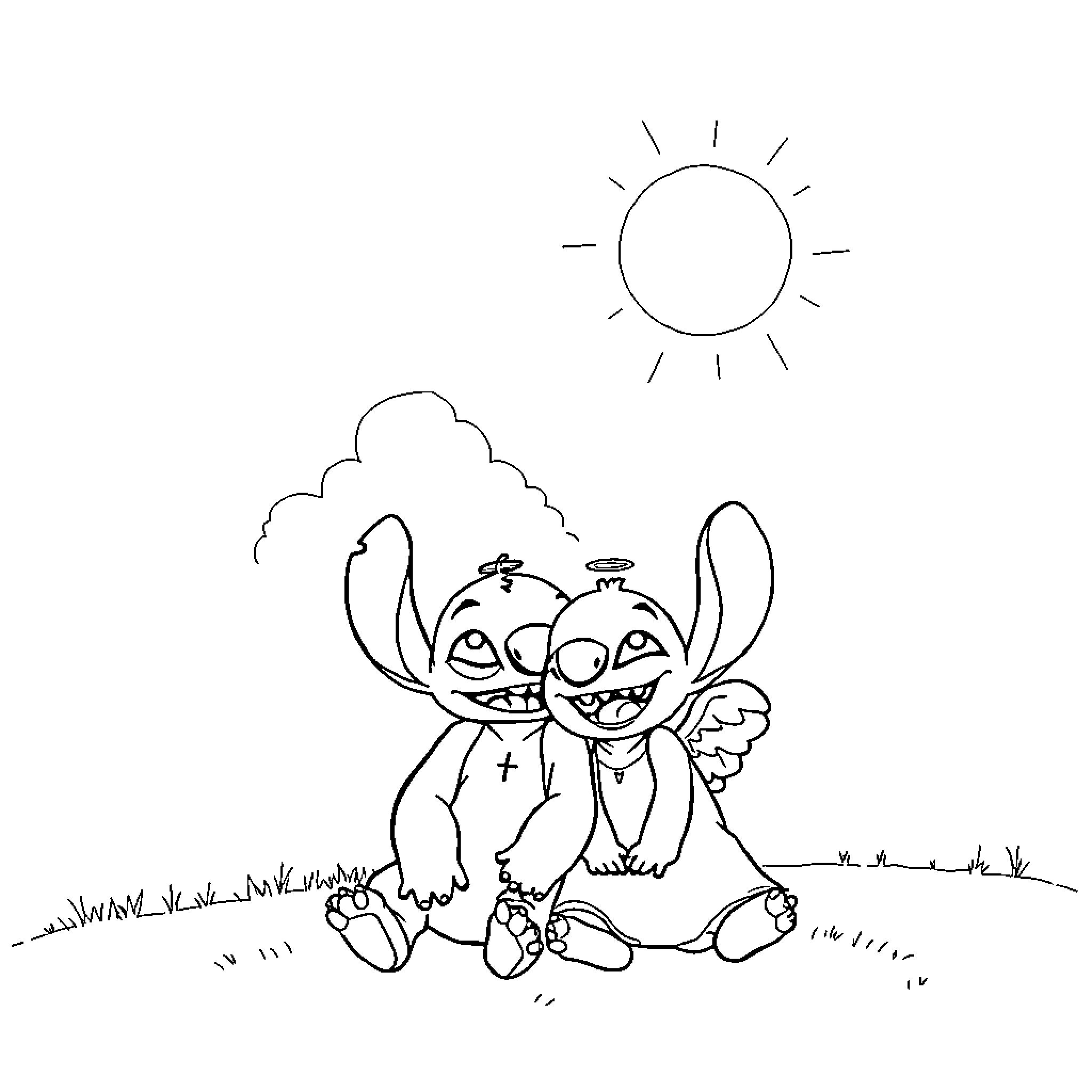 Stitch and Angel exploring the sunny outdoors Coloring Page (free black-and-white line drawing printable PDF for all, from beginners to advanced learners, including children, teens, adults, and seniors)
