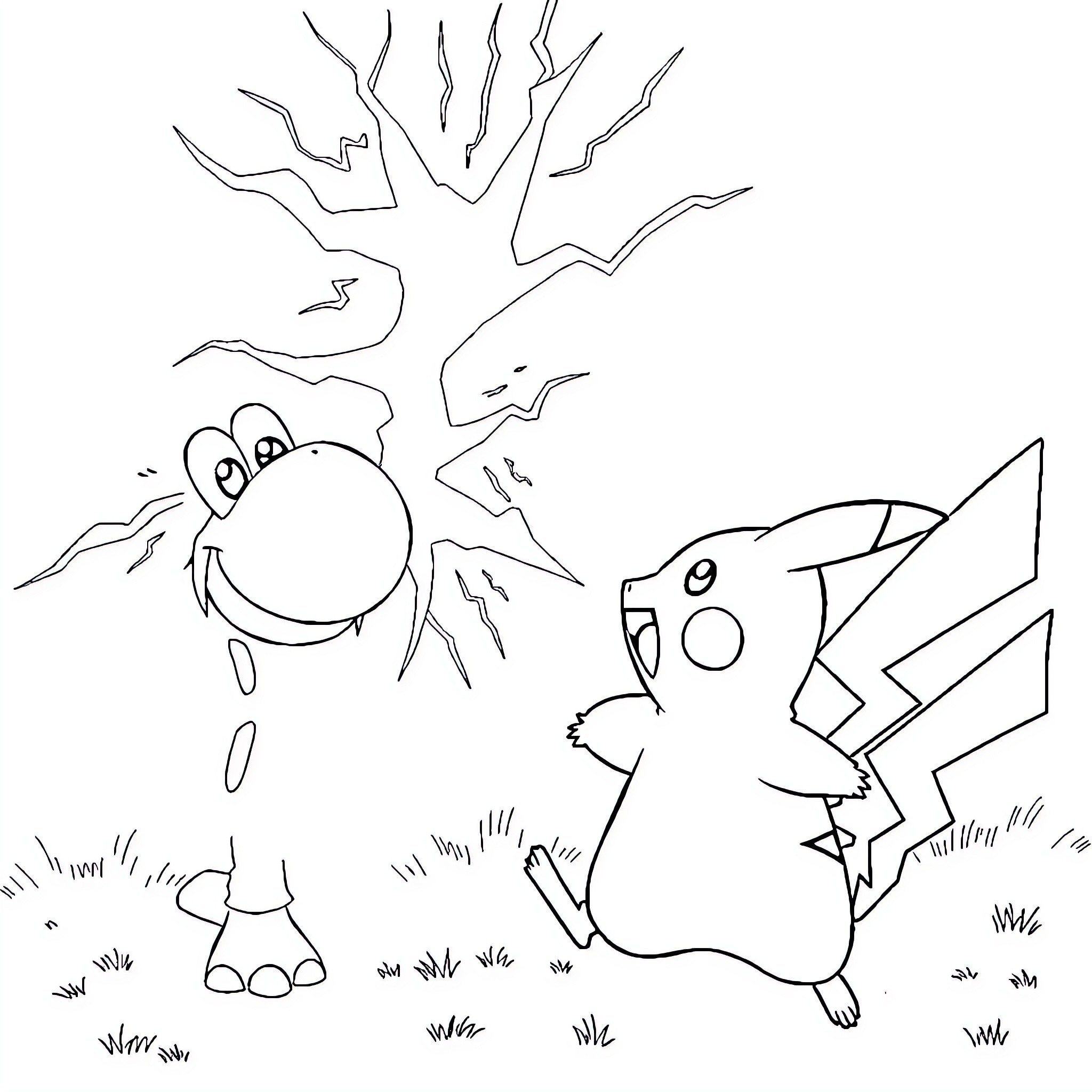 Pikachu and smiling monster playing in nature Coloring Page (free black-and-white line drawing printable PDF for all, from beginners to advanced learners, including children, teens, adults, and seniors)